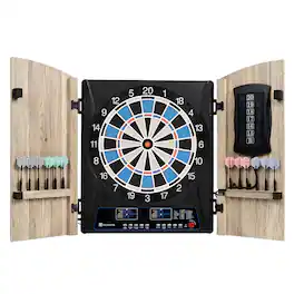MD Sports - Elmhurst Smart Dartboard Cabinet with Digital Scorekeeping and Soft Tip Dart Set - Wood / Black / White / Red / Blue
