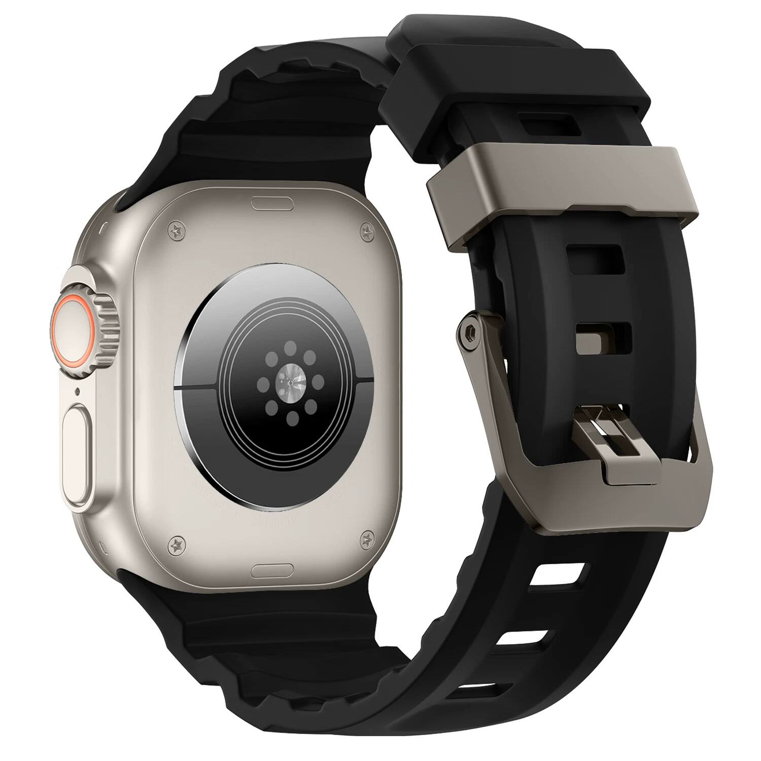Alt View 1. Dteck - Sport Band for Apple Watch Ultra 49mm/Series 11 10 9 8 7 6 5 4 SE 44/45/46mm, Durable Silicone Strap with Metal Hardware - Black-Titanium Buckle.