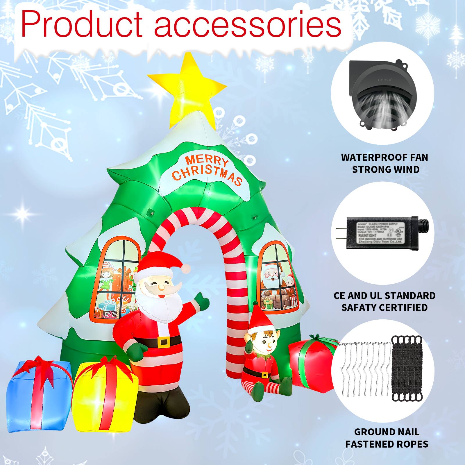 Product accessories

- WATERPROOF FAN STRONG WIND
- CE AND UL STANDARD SAFETY CERTIFIED
- GROUND NAIL FASTENED ROPES