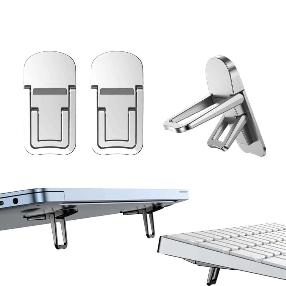 HongFei - 2PCS Zinc Alloy Mini Foldable Laptop Stand, Portable Computer Keyboard Riser with 2 Adjustable Angles, Self-Adhesive - Silver