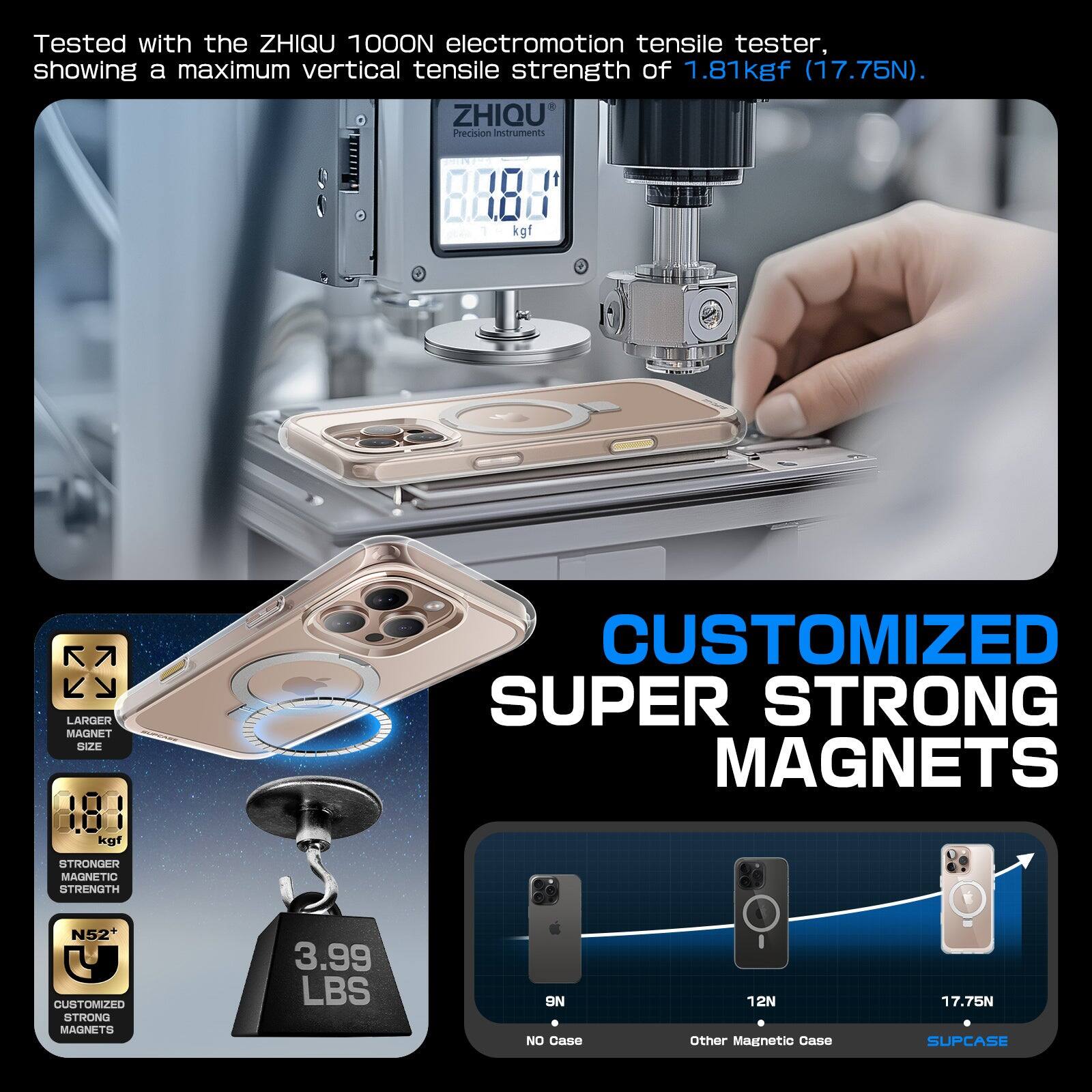 Tested with the ZHIQU 100ON electromotion tensile tester, showing a maximum vertical tensile strength of 1.81 kgf (17.75N). ZHIQU Precision Instruments kgf LARGER MAGNET SIZE 181 kgf CUSTOMIZED SUPER STRONG MAGNETS STRONGER MAGNETIC STRENGTH N52+ U CUSTOMIZED STRONG MAGNETS 3.99 LBS 9N NO Case 12N Other Magnetic Case 17.75N SUPCASE