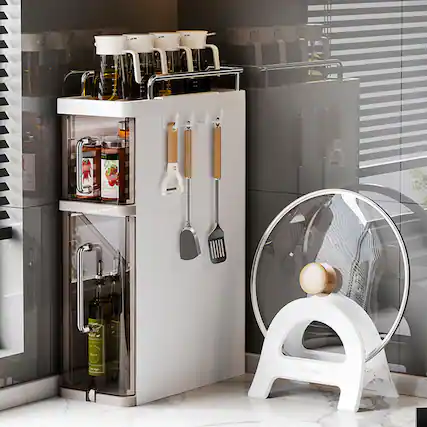 Front. GARVEE - Multifunctional Spice Rack, Household Flip Storage Cabinet, Drawer-Type Spice Storage Rack, Storage Cabinet, 3 layers. - White.