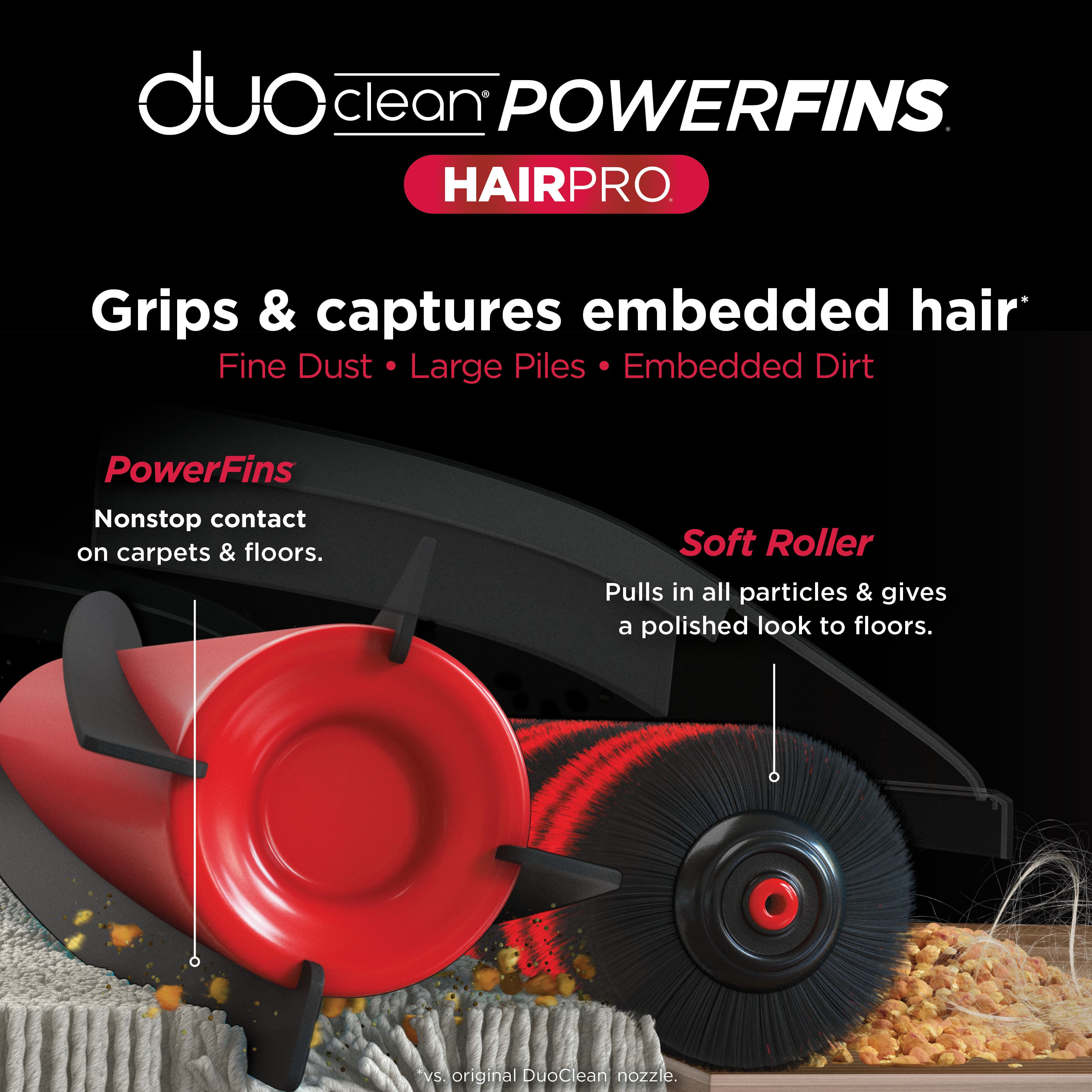 duo clean POWERFINS HAIRPRO. Grips & captures embedded hair. Fine Dust Large Piles Embedded Dirt. PowerFins Nonstop contact on carpets & floors. Soft Roller Pulls in all particles & gives a polished look to floors. vs original DuoClean nozzle.