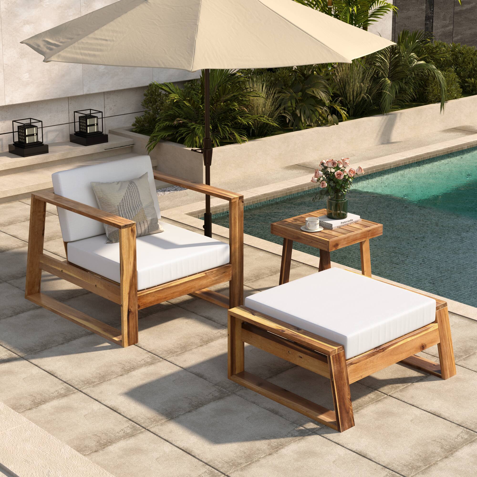 Back. APRILSOUL - Acacia Wood Lounge Chair with Side Table Weather Resistant D18 Cushions Outdoor Garden Patio - Natural+Beige.