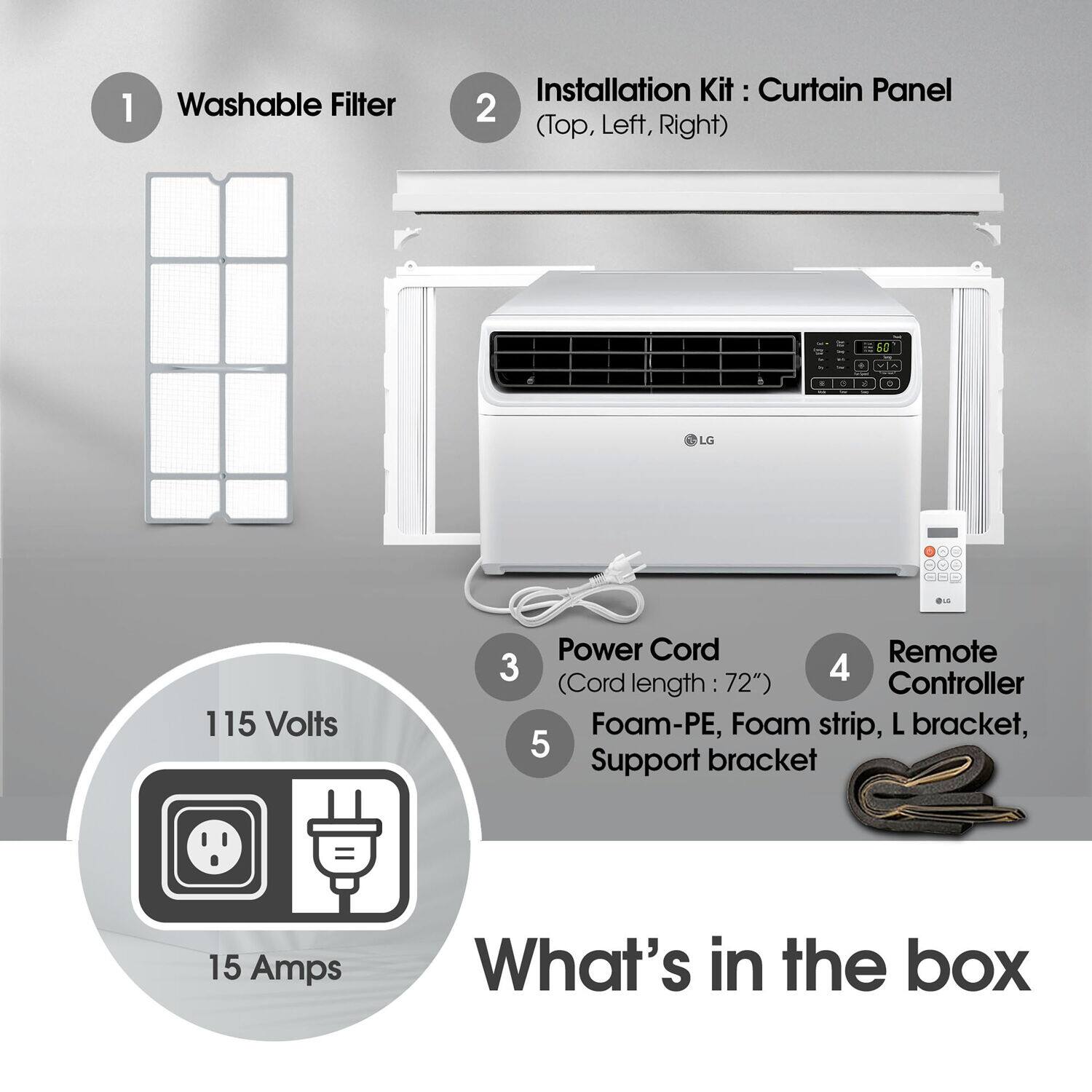 The text on the image is grouped and corrected as follows:

1. Washable Filter Installation Kit: Curtain Panel 2 (Top, Left, Right)
2. 115 Volts
3. Power Cord (Cord length: 72")
4. Remote Controller
5. Foam-PE, Foam strip, L bracket
6. Support bracket
7. 15 Amps
8. What's in the box