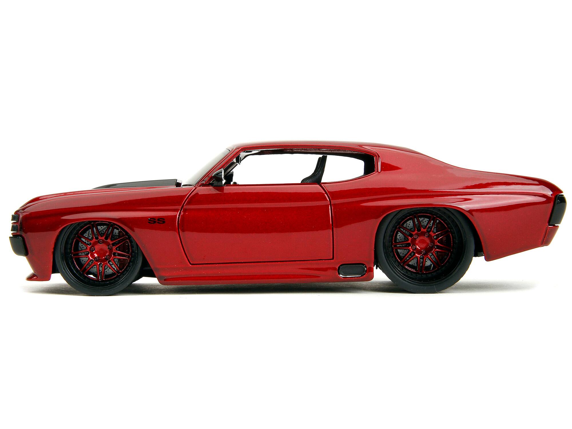 Back. Jada - 1971 Chevrolet Chevelle SS Red Metallic with Black Stripes "Pink Slips" Series 1/24 Diecast Model Car by Jada - Red Metallic With Black.