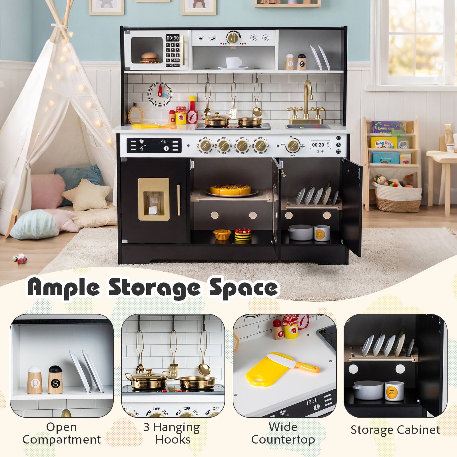 Ample Storage Space

- Open Compartment
- 3 Hanging Hooks
- Wide Countertop
- Storage Cabinet