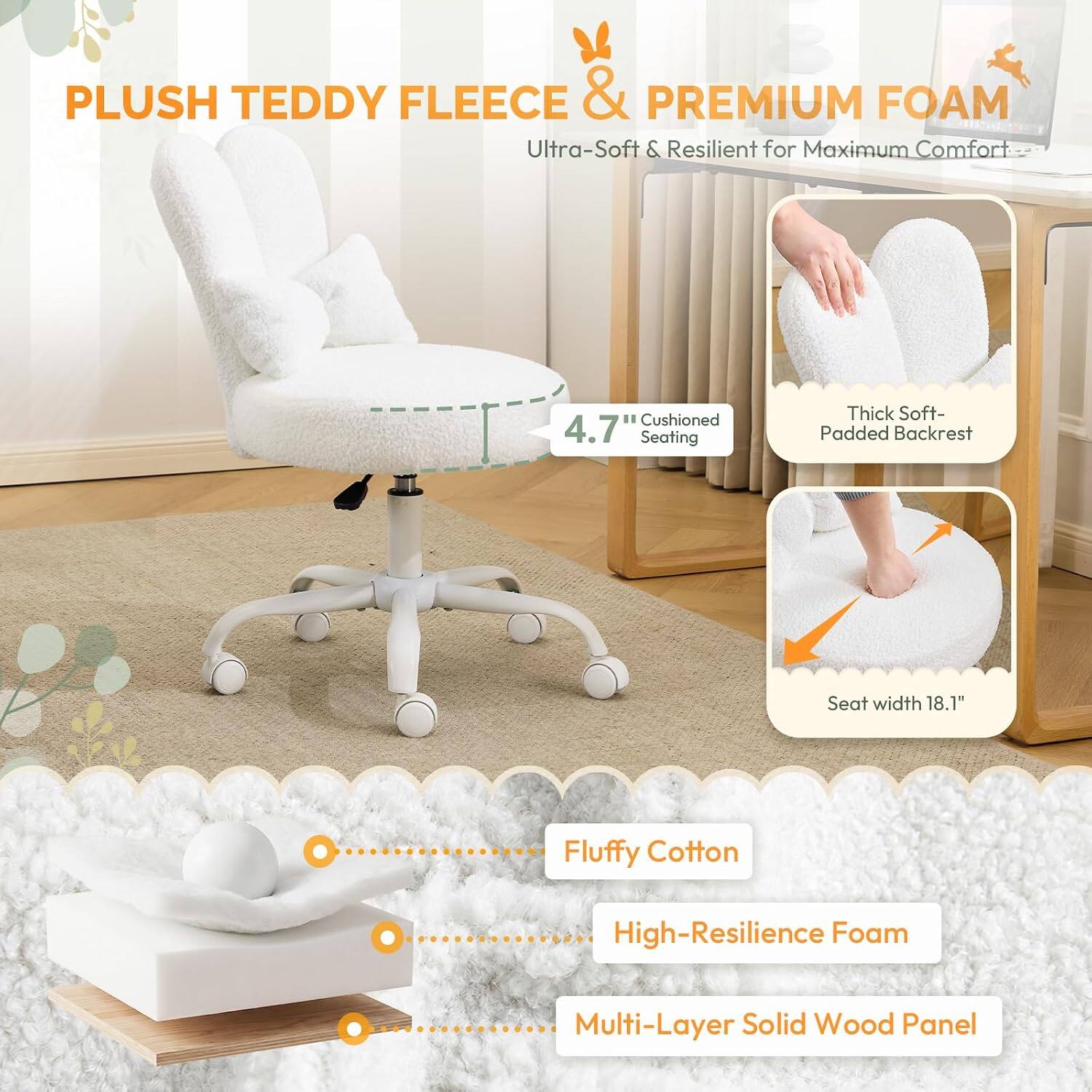 PLUSH TEDDY FLEECE & PREMIUM FOAM  
Ultra-Soft & Resilient for Maximum Comfort  
Cushioned 4.7" Seating  
Thick Soft-Padded Backrest  
Seat width 18.1"  
Fluffy Cotton  
High-Resilience Foam  
Multi-Layer Solid Wood Panel