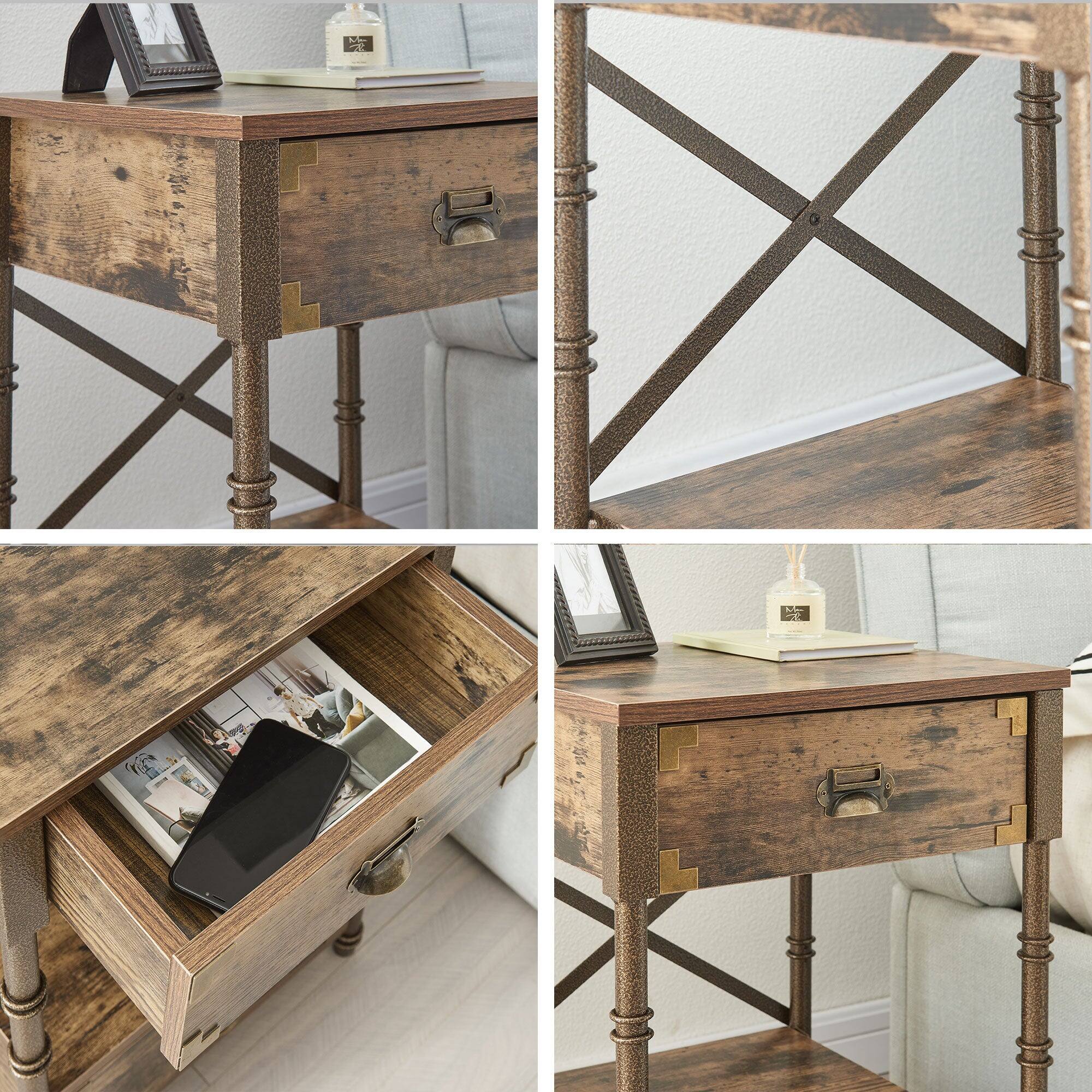 Left. Vecelo - Set of 2 Nightstand with Drawers - Metal Frame Bedside Tables with Storage Shelf, Vintage Accents, 23.7 Inch End Tables - Borwn.