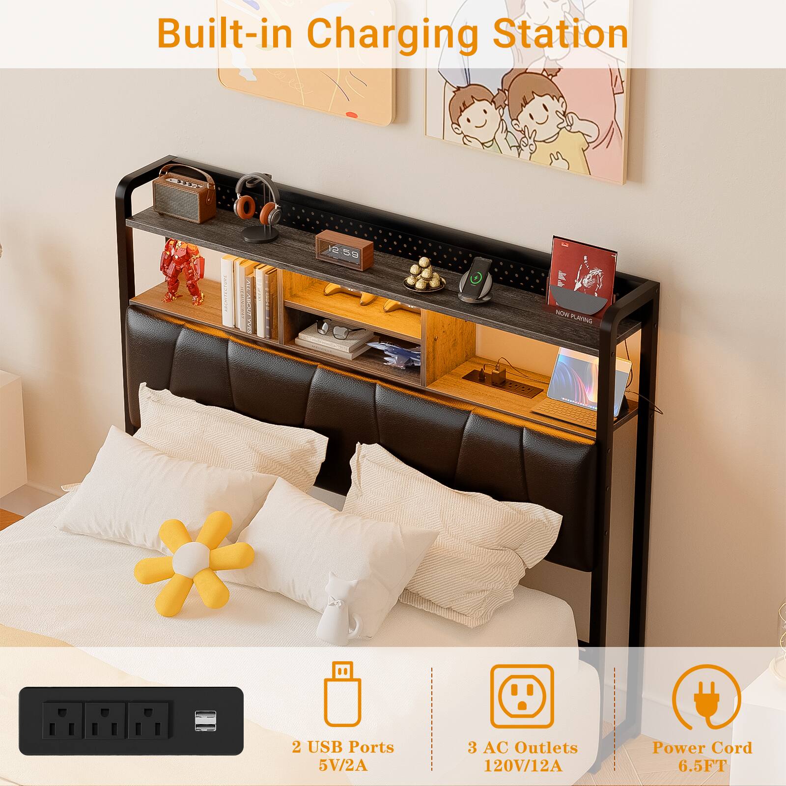 Built-in Charging Station

- 2 USB Ports 5V/2A
- 3 AC Outlets 120V/12A
- Power Cord 6.5FT