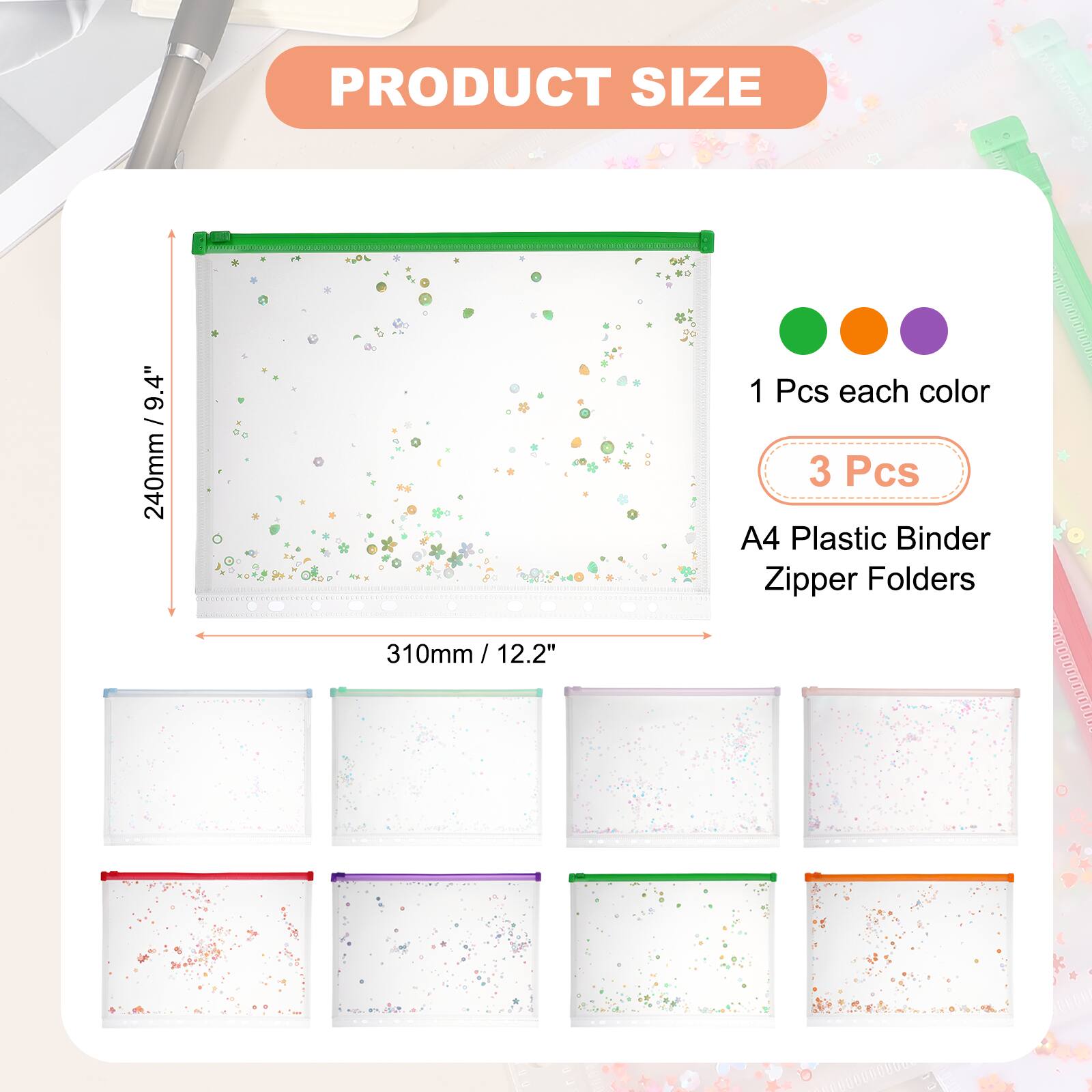 PRODUCT SIZE  
9.4" / 240mm  
1 Pcs each color  
3 Pcs  
A4 Plastic Binder Zipper Folders  
310mm / 12.2"