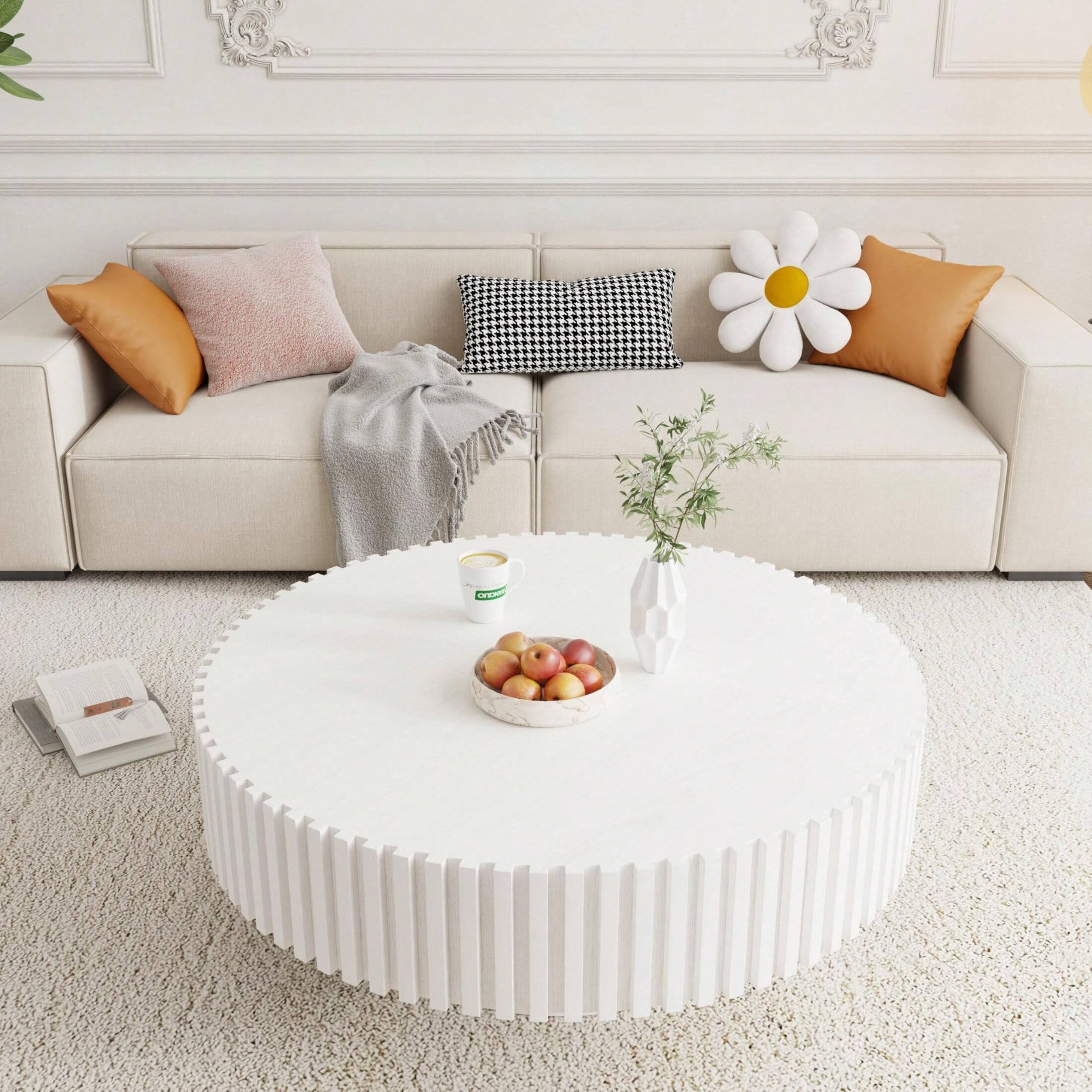 Alt View 1. Trinkets Crazed - 39.37" Round Coffee Table Wood,Circle Coffee Table, Drum Fluted Coffee Accent End Side Center Table - White.