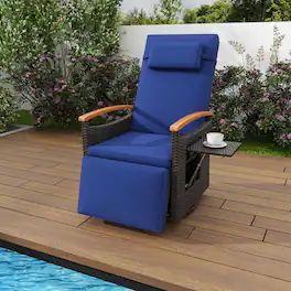 Costway - Outdoor 360° Swivel Rattan Recliner Chair Patio Wicker Chaise Lounge Chair - Mix Brown + Navy