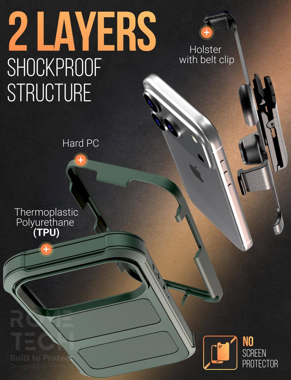 2 LAYERS  
SHOCKPROOF STRUCTURE  
Holster with belt clip  
Hard PC  
Thermoplastic Polyurethane (TPU)  
NO SCREEN PROTECTOR  

Built to Protect  
Designed to Perform