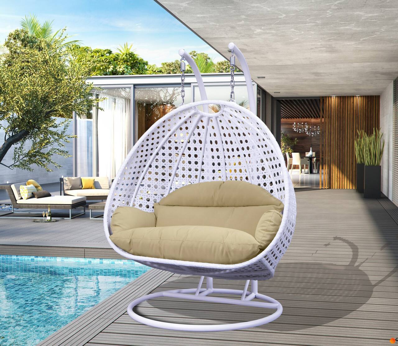 Angle. LeisureMod - Leisuremod Modern 2-Person Outdoor Egg Swing White Wicker Chair with Stand, Plush Washable Cushions & Waterproof Cover - Beige.