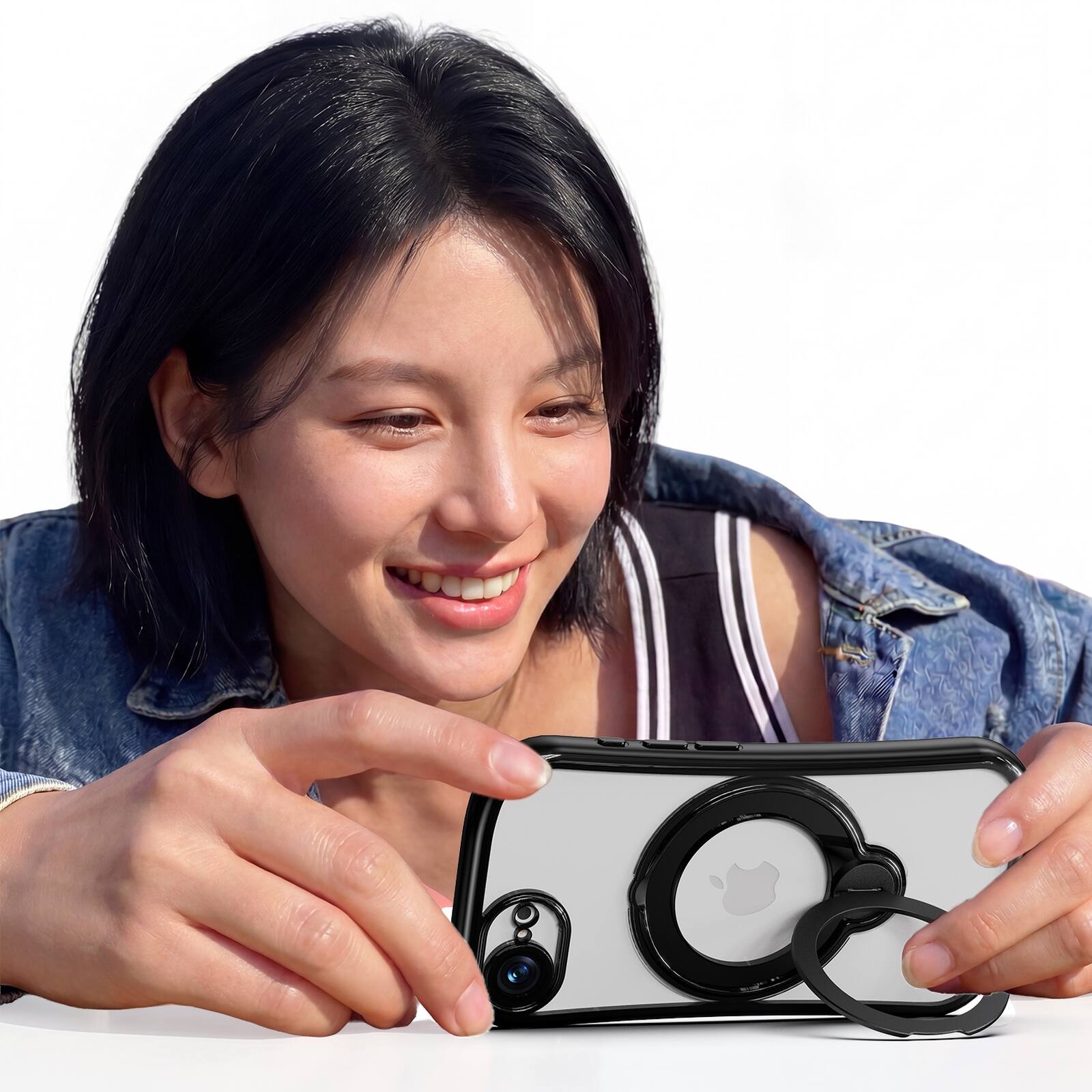 Left. Dteck - Magnetic Case for Apple iPhone 17e with 360 Ring Stand and Strap, Shockproof TPU Phone Cover Built-in Lens Protector - Black.