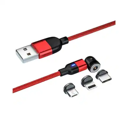 Front. Home Collection - 540° Rotating Magnetic Charging Cable – 3ft (1M) 3-in-1 Fast Charger with Type-C, Micro-USB & iOS Plugs - Red.