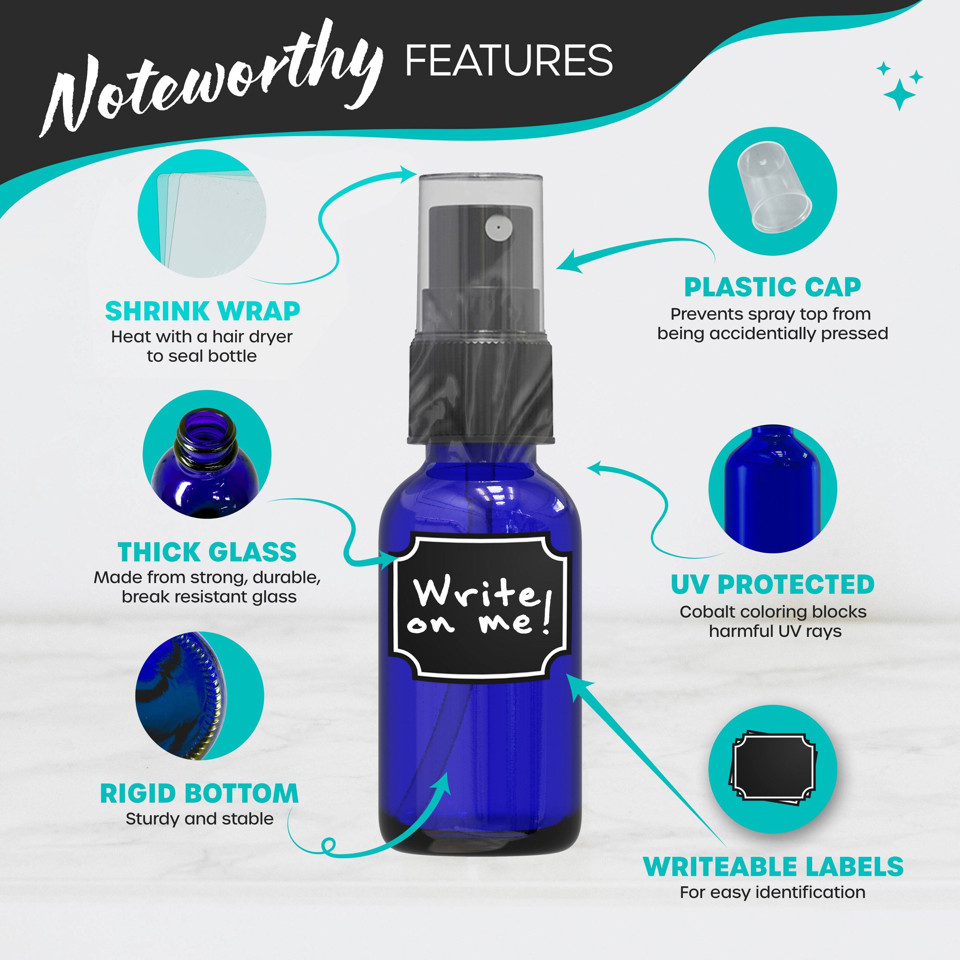 **Noteworthy Features**

- **Shrink Wrap**: Heat with a hair dryer to seal bottle
- **Plastic Cap**: Prevents spray top from being accidentally pressed
- **Thick Glass**: Made from strong, durable, break resistant glass
- **Rigid Bottom**: Sturdy and stable
- **UV Protected**: Cobalt coloring blocks harmful UV rays
- **Writeable Labels**: For easy identification