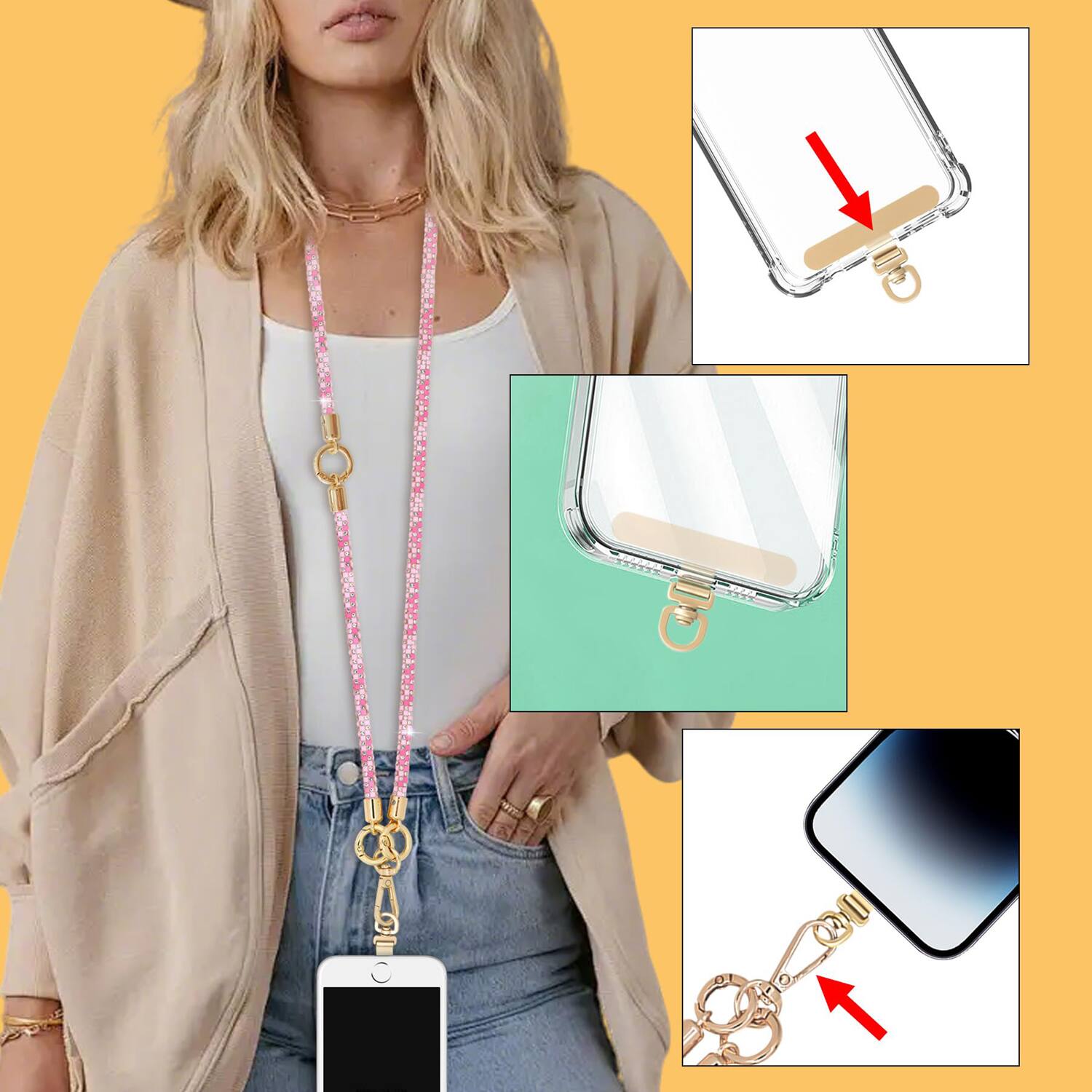 Back. Dteck - 3-in-1 Glitter Crossbody Phone Lanyard,Sparkly Crystal Phone Strap Fashion Wrisrstrap for Universal Smartphone Cases - Pink.
