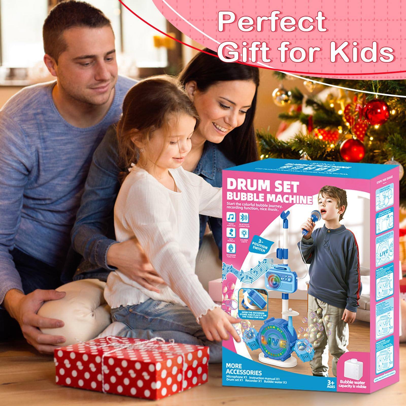 Perfect Gift for Kids

DRUM SET BUBBLE MACHINE

Start the colorful bubble recording function journey. Nice music.

- ONET
- POSITION SWITCH
- LIVE
- TARL

MORE ACCESSORIES
- Microphone x1
- Instruction manual x1
- Recorder x1
- Bubble water x3

3+ Bubble water capacity
AGES 3+

Bubble water capacity is visible