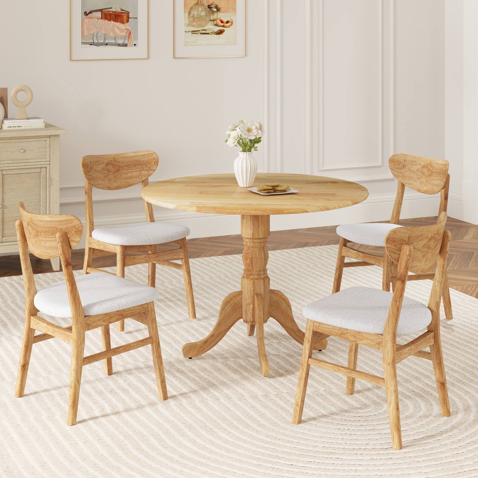 Alt View 4. SlickBlue - Wood Dining Table with Round Tabletop and Stylish Trestle Legs - Natural.