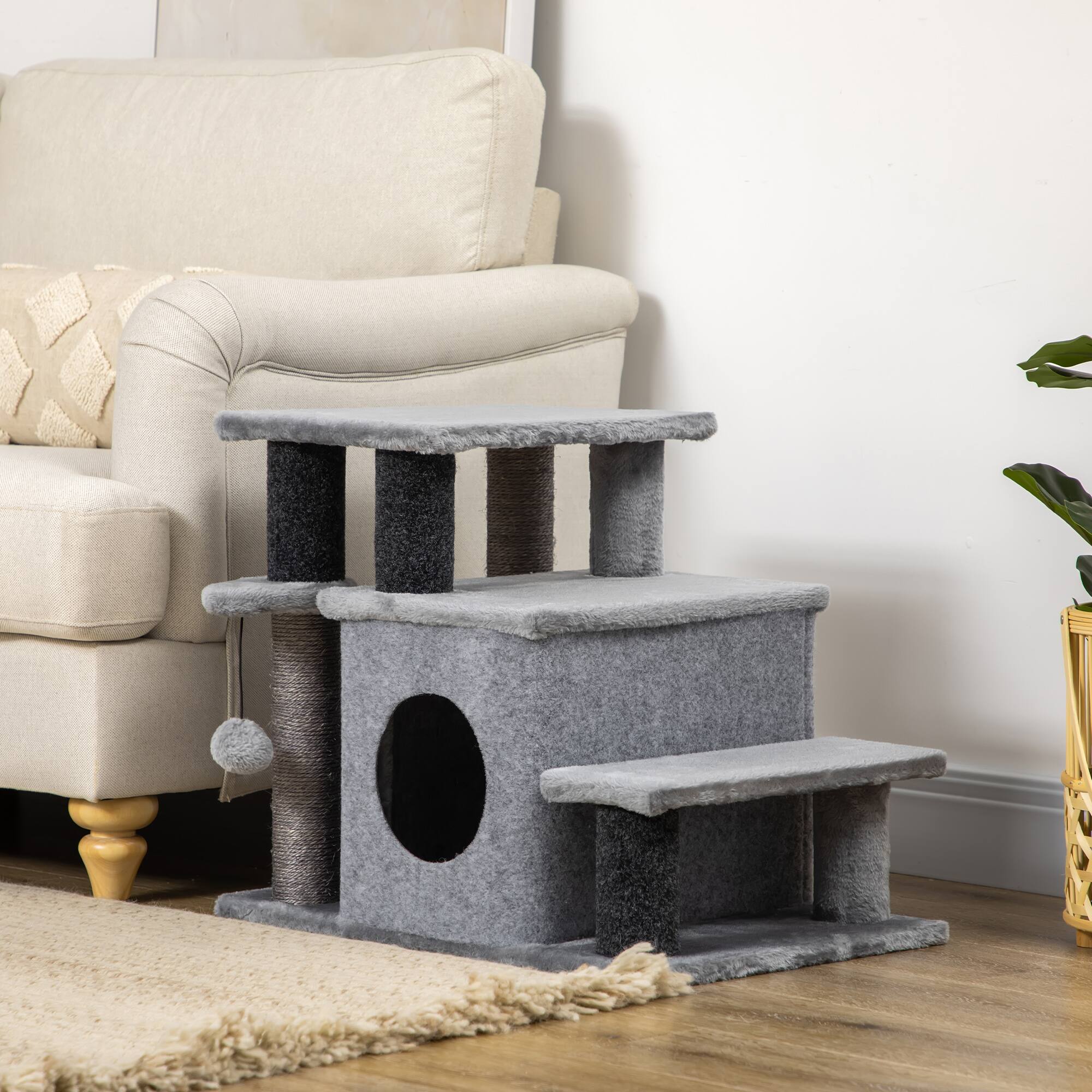 Alt View 1. Pawhut - Height 3 Step/4 Step Cat Stairs w/ Sisal Cat Scratching Post, Cat Condo, Toy Ball, for Bed, Sofa - Gray.
