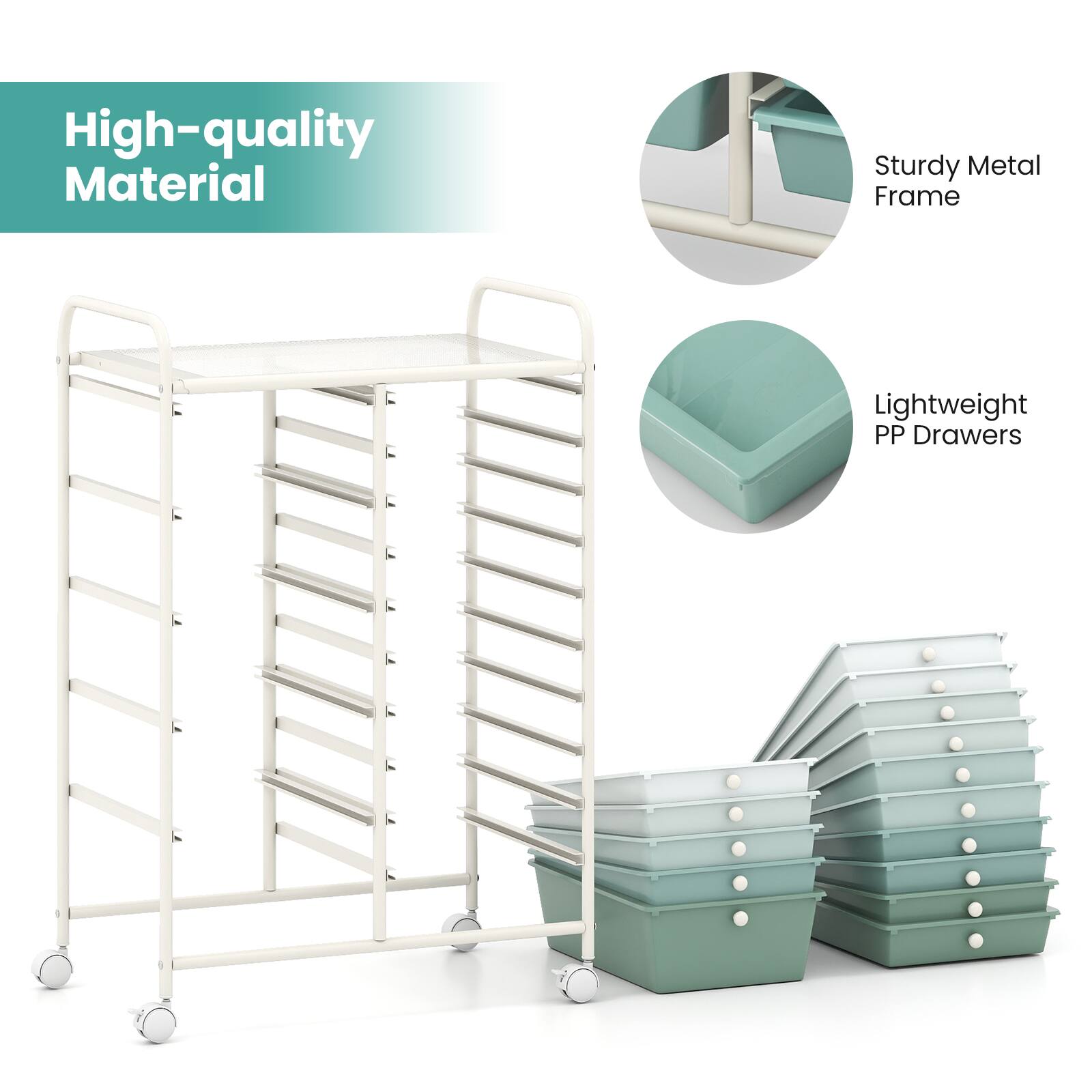 High-quality Material  
Sturdy Metal Frame  
Lightweight PP Drawers
