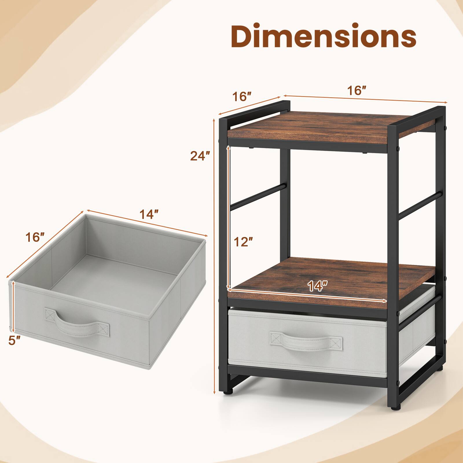 The dimensions of the table are as follows:

- Width: 16"
- Depth: 16"
- Height: 24"
- Shelf 1: 16" x 14"
- Shelf 2: 16" x 12"
- Drawer: 16" x 14" x 5"
