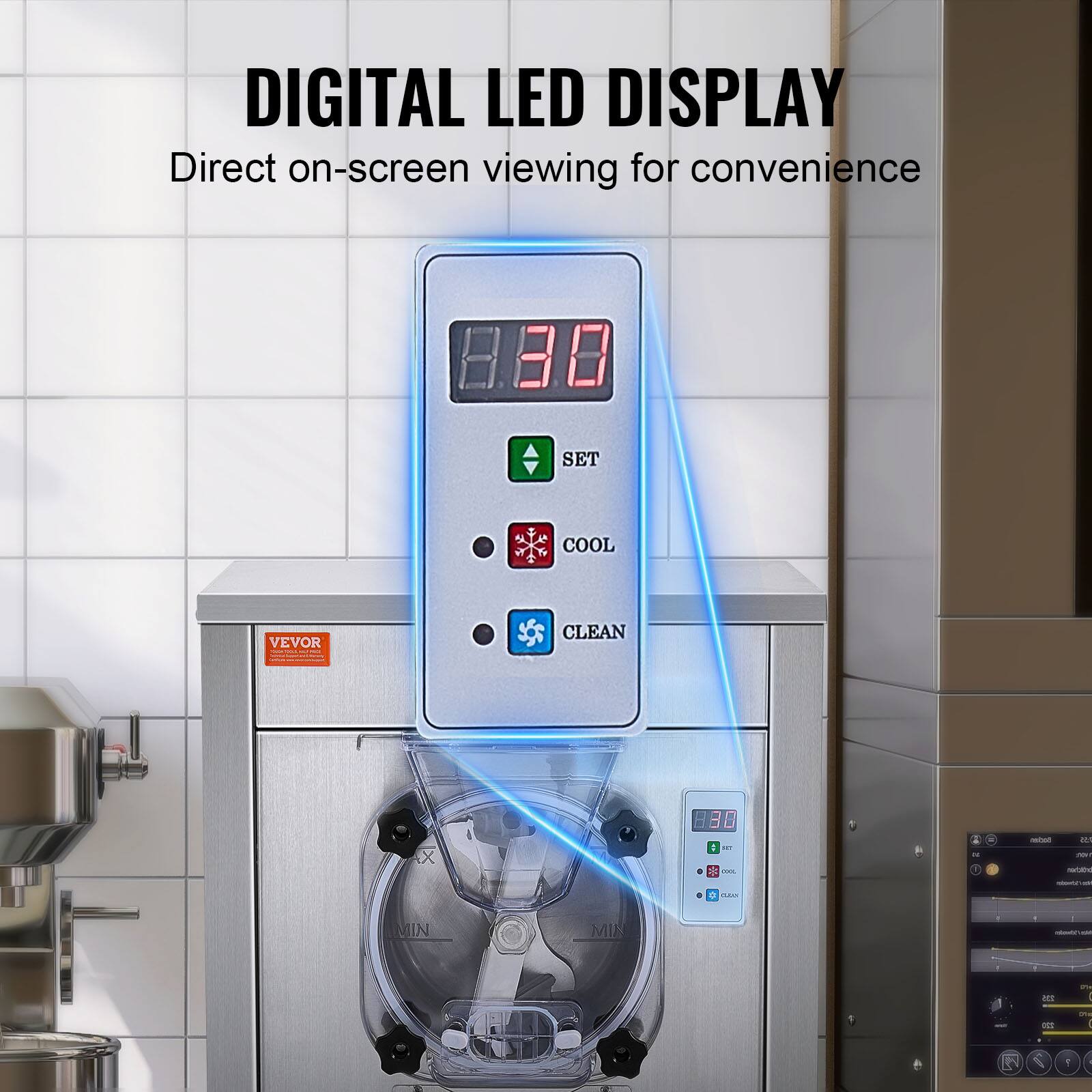 DIGITAL LED DISPLAY  
Direct on-screen viewing for convenience

SET  
COOL  
VEVOR  
CLEAN  
X  
: SET -  

Bocken  
LAS von narbabd  
100ml 10mato  
THAN  
MIN  
MIN  
Schoodes  
225  
One  
220  
1