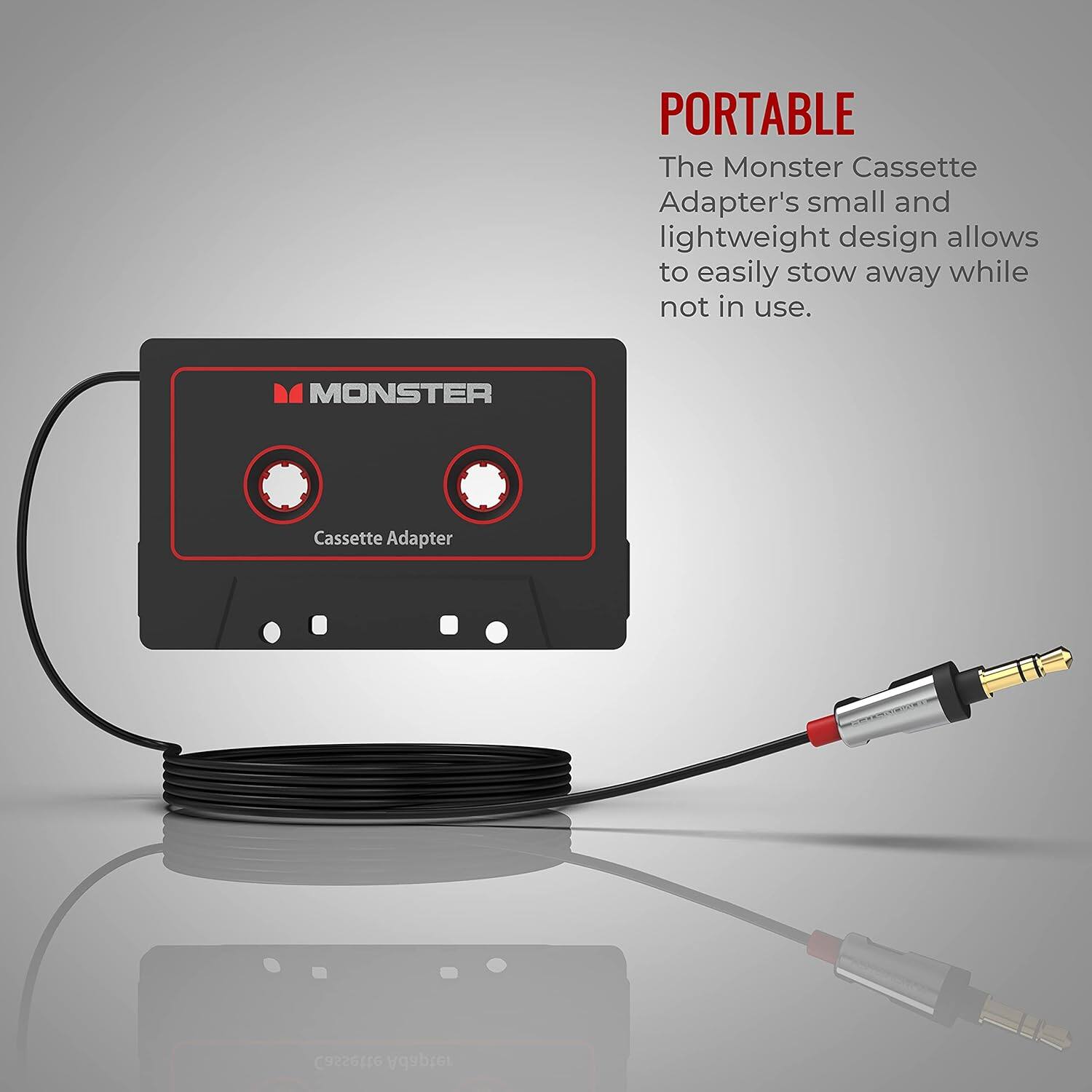 The Monster Cassette Adapter is a portable device with a small and lightweight design, allowing it to be easily stored away when not in use.