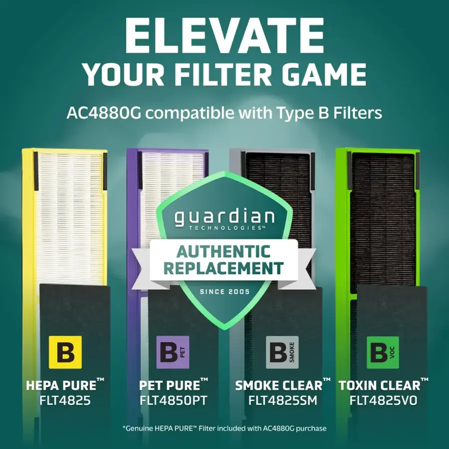 Elevate Your Filter Game AC4880G compatible with Type B Filters guardian TECHNOLOGIES AUTHENTIC REPLACEMENT SINCE 2005 B P PURE FLT4825 B PET B SMOKE B voc PET PURE" SMOKE CLEAR TOXIN CLEAR FLT4850PT FLT4825SM FLT4825VO *Genuine HEPA PURE Filter included with AC4880G purchase
