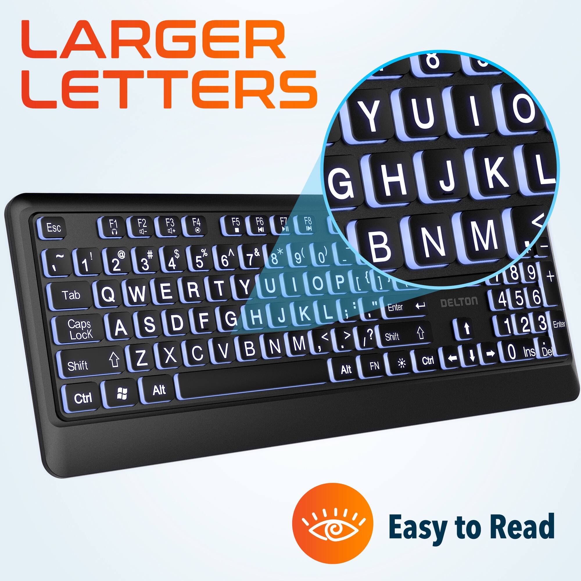 LARGER LETTERS Y U I O G H J K L F1 F2 F3 F4 F5 F6 F7 F8 Esc R . HI 14 I % & N M E - ~ ! a # S 9 0 2 3 4 5 6 7 8 1 1 { 8 9 + T Y U I 0 P [ 1 Tab Q W E R 6 DELTON 4 5 Enter G H J K L i 1 Caps A S D F t 1 2 3 Enter Lock < > ? Shift N M I X C V I O Ins Del Shift Z FN Ctl Alt Alt Ctrl Easy to Read