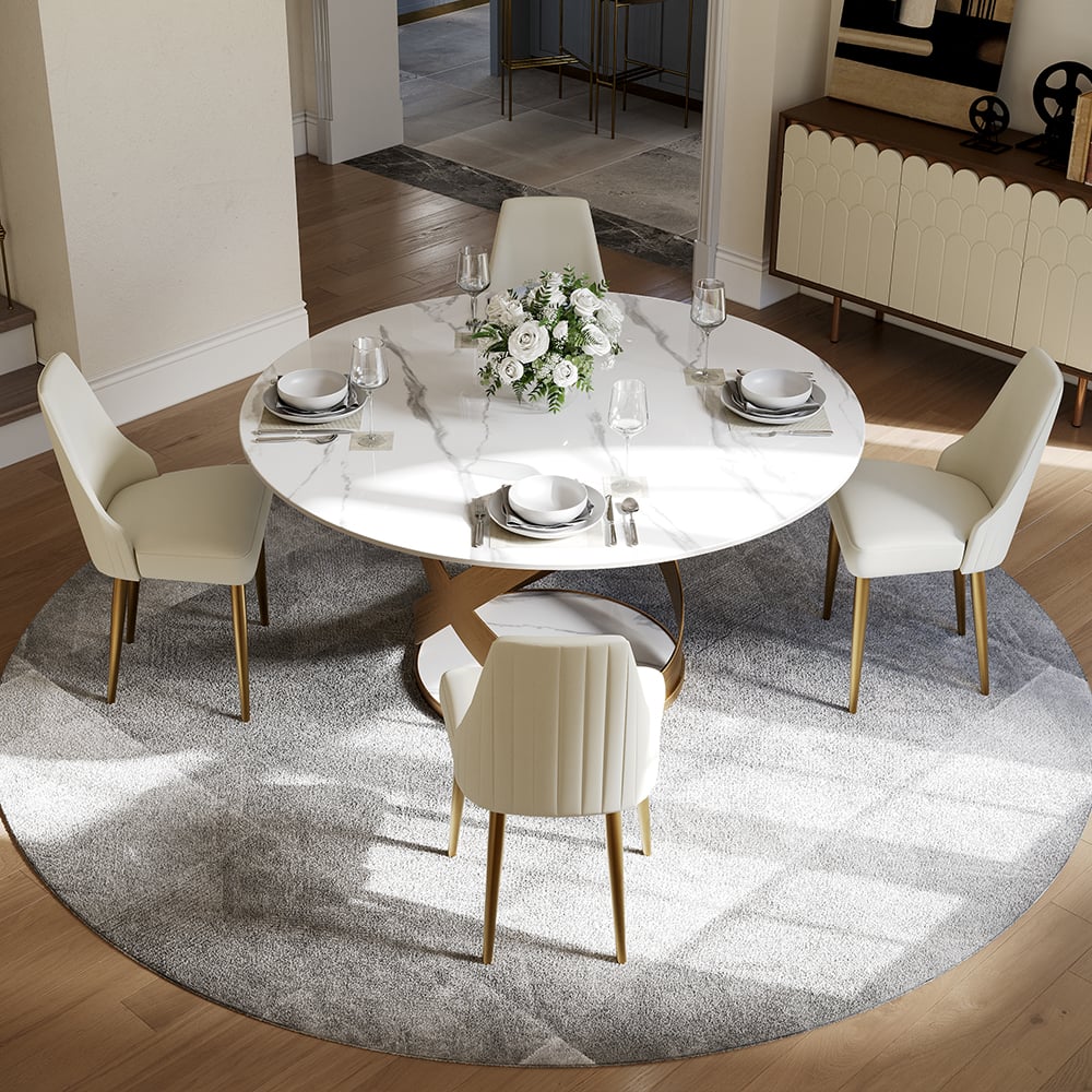 POVISON - 51" Modern White Round Dining Table for 4, Glossy Sintered Stone Tabletop with Bronze X Carbon Steel Base - White Glossy Sintered Stone with Bronze
