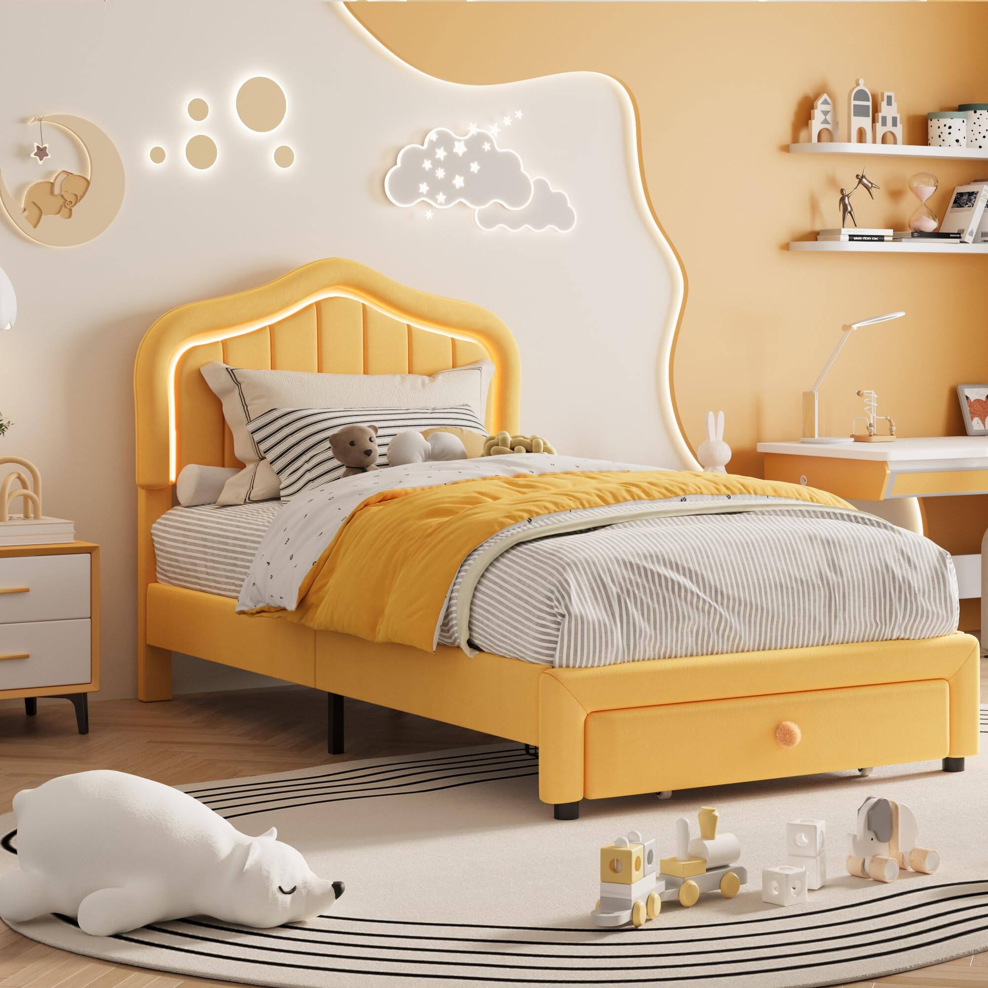 Left. Jojoka - Twin Velvet Upholstered Bed Frame with LED Lights, Storage Drawer & Headboard for Kids - Yellow.