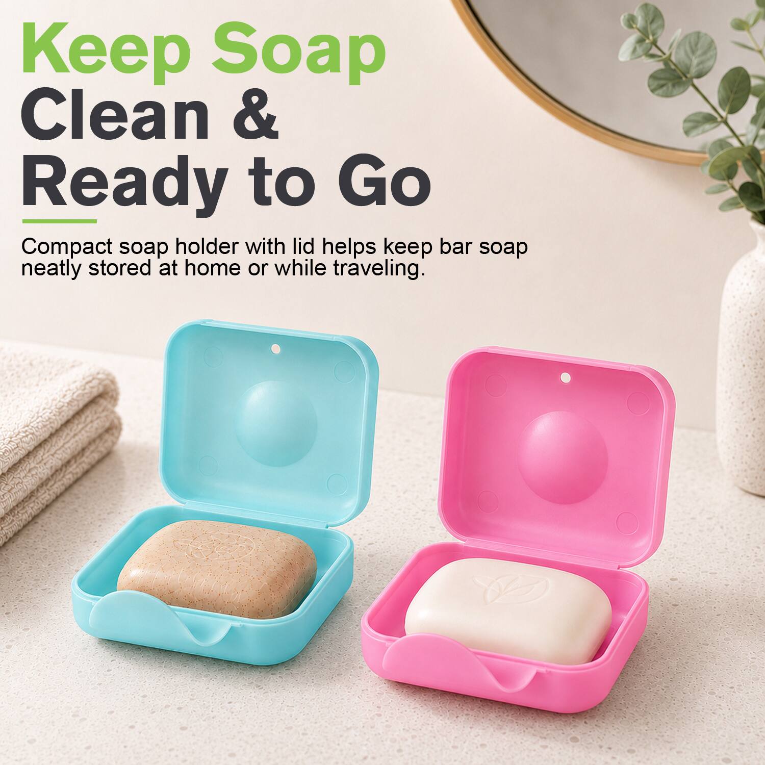 Keep Soap Clean & Ready to Go

Compact soap holder with lid helps keep bar soap neatly stored at home or while traveling.
