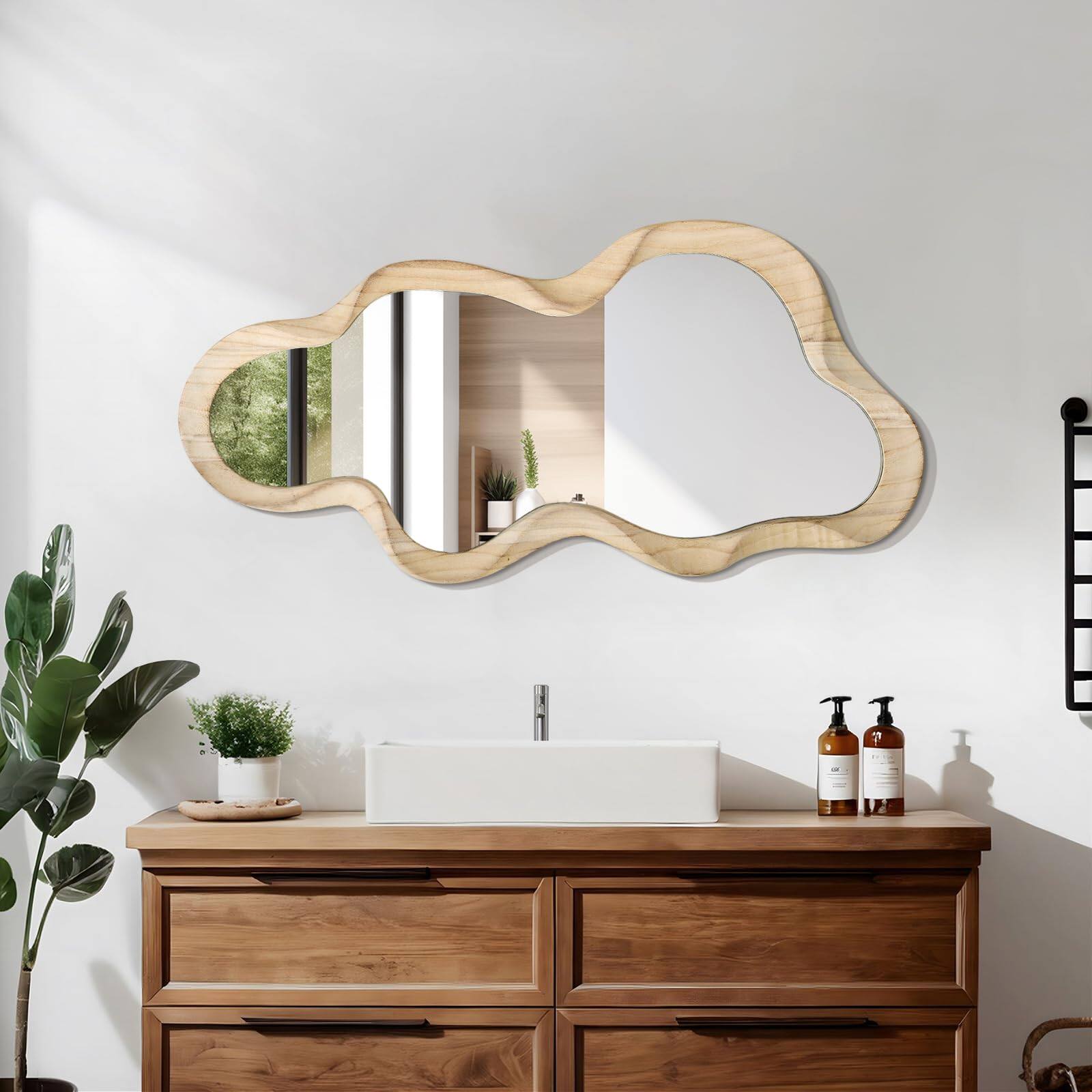 Alt View 3. Dapper Styles - Asymmetrical Mirror Large Irregular Wall Modern Wood Frame Artistic Mirrors Cute And Stylish Cloud Wavy Dec... - Vintage Brown-30"L x 14"W.
