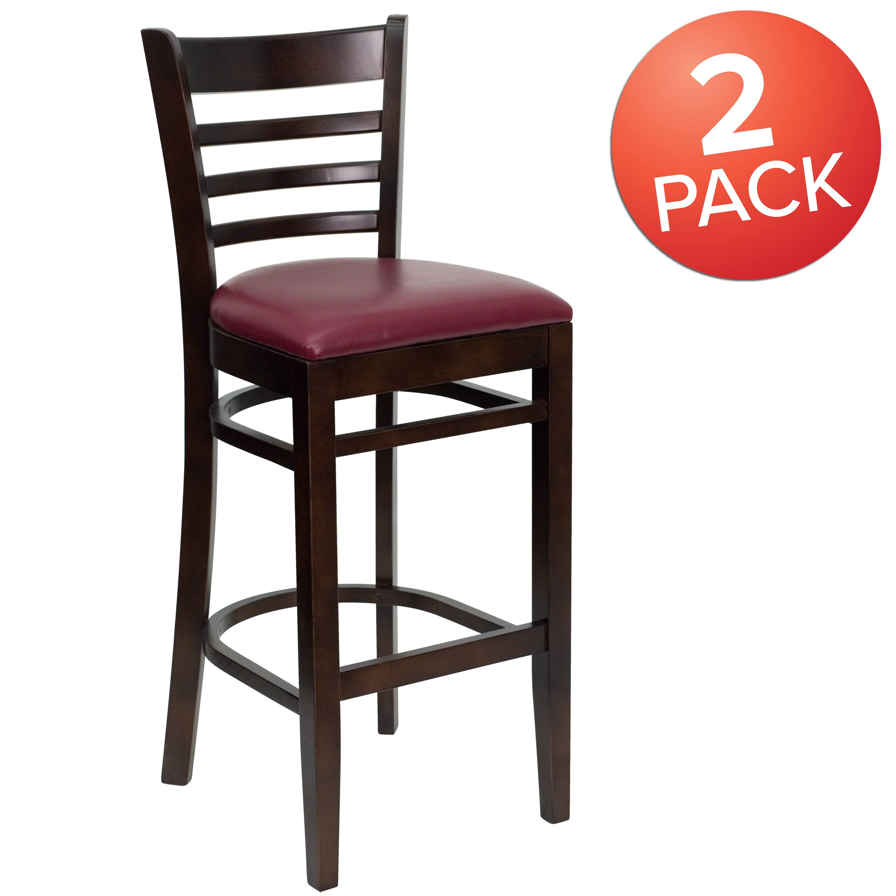Alt View 1. Emma + Oliver - Bar Stools | Set of 2 Wood Bar Stools with Back - Burgundy Vinyl Seat/Walnut Wood Frame.