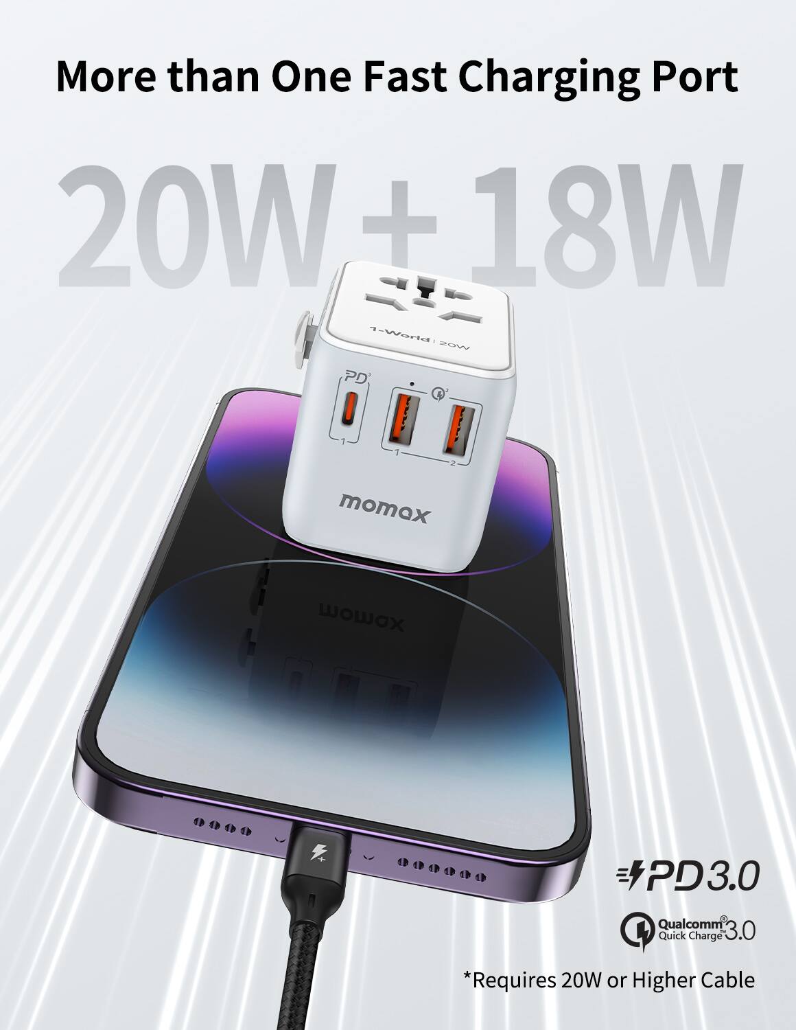 More than One Fast Charging Port  
20W + 18W  
4-World PD 1  
momex momox PD3.0 Qualcomm Quick Charge 3.0  
*Requires 20W or Higher Cable