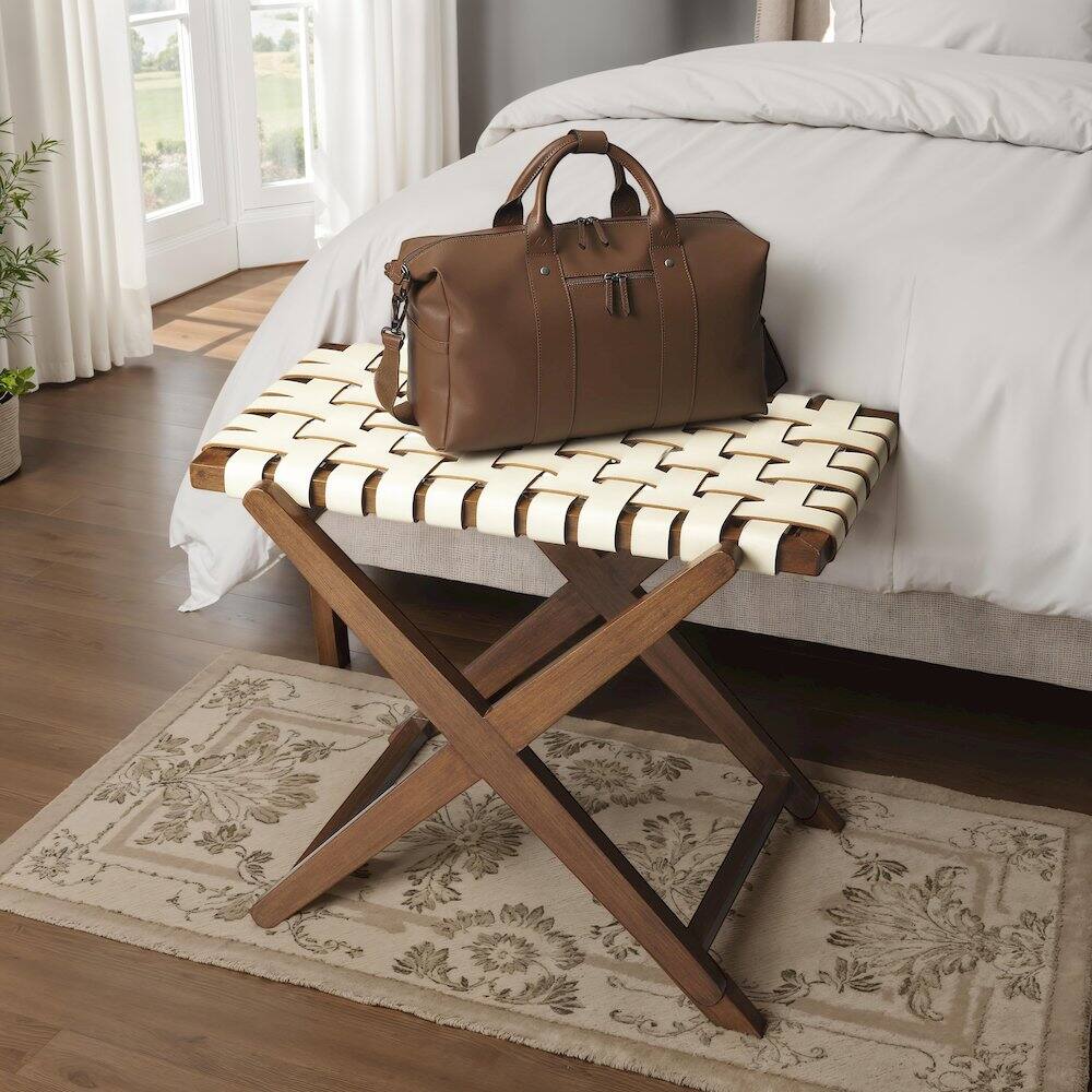 Left. Butler Specialty - Cipriani 24 in. W Rectangular Leather & Wood Luggage Rack - Multi-Color.