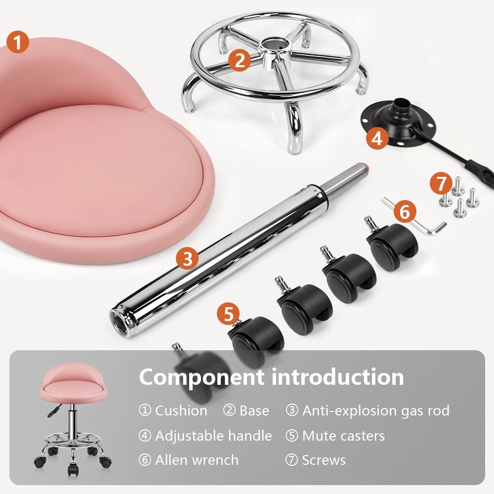 1. Cushion  
2. Base  
3. Anti-explosion gas rod  
4. Adjustable handle  
5. Mute casters  
6. Allen wrench  
7. Screws  

Component introduction  
1. Cushion  
2. Base  
3. Anti-explosion gas rod  
4. Adjustable handle  
5. Mute casters  
6. Allen wrench  
7. Screws