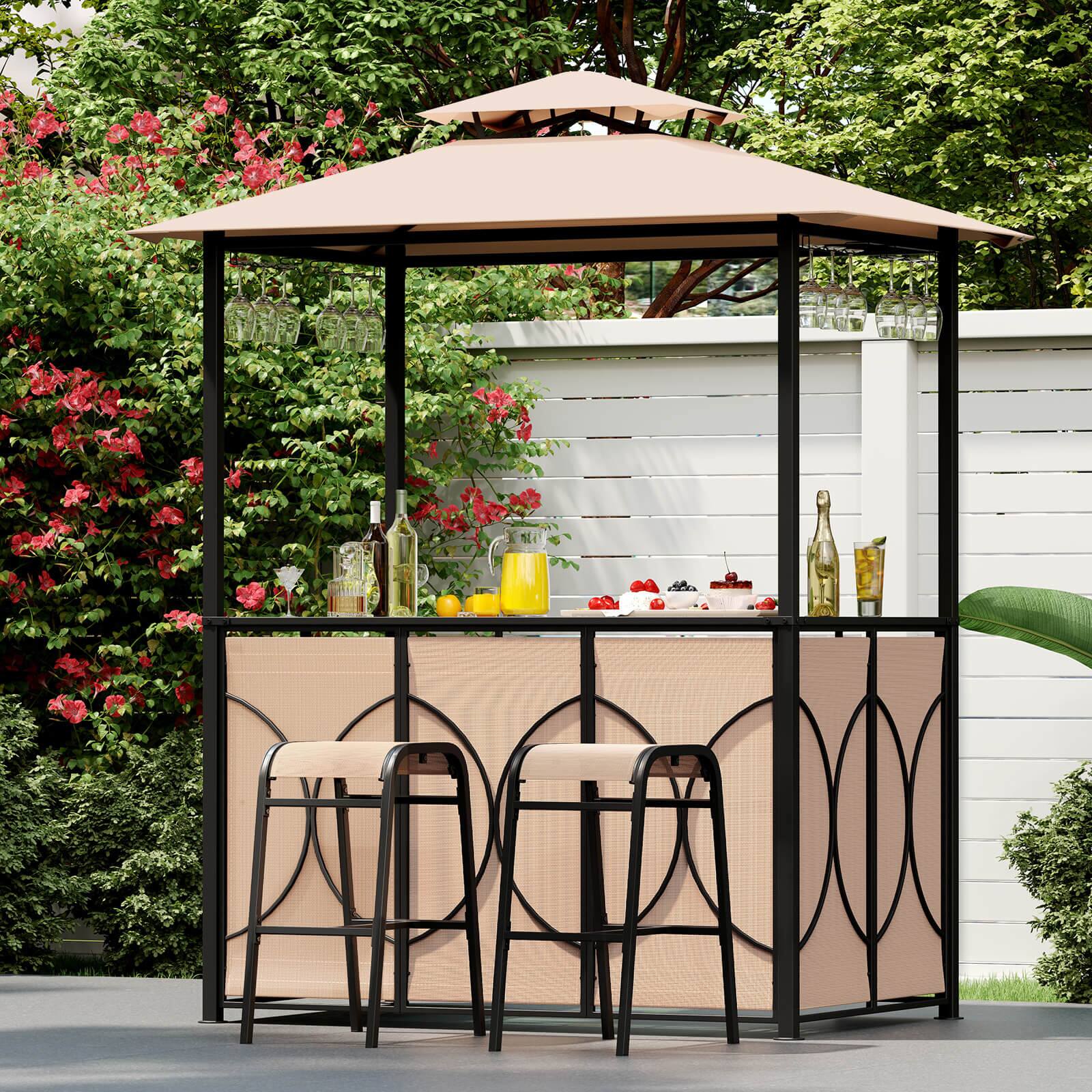 Alt View 1. Costway - Costway 6.5 x 4 x 8 FT Grill Gazebo Set with 2 Bar Stools, Tempered Glass Bar Table - Brown.