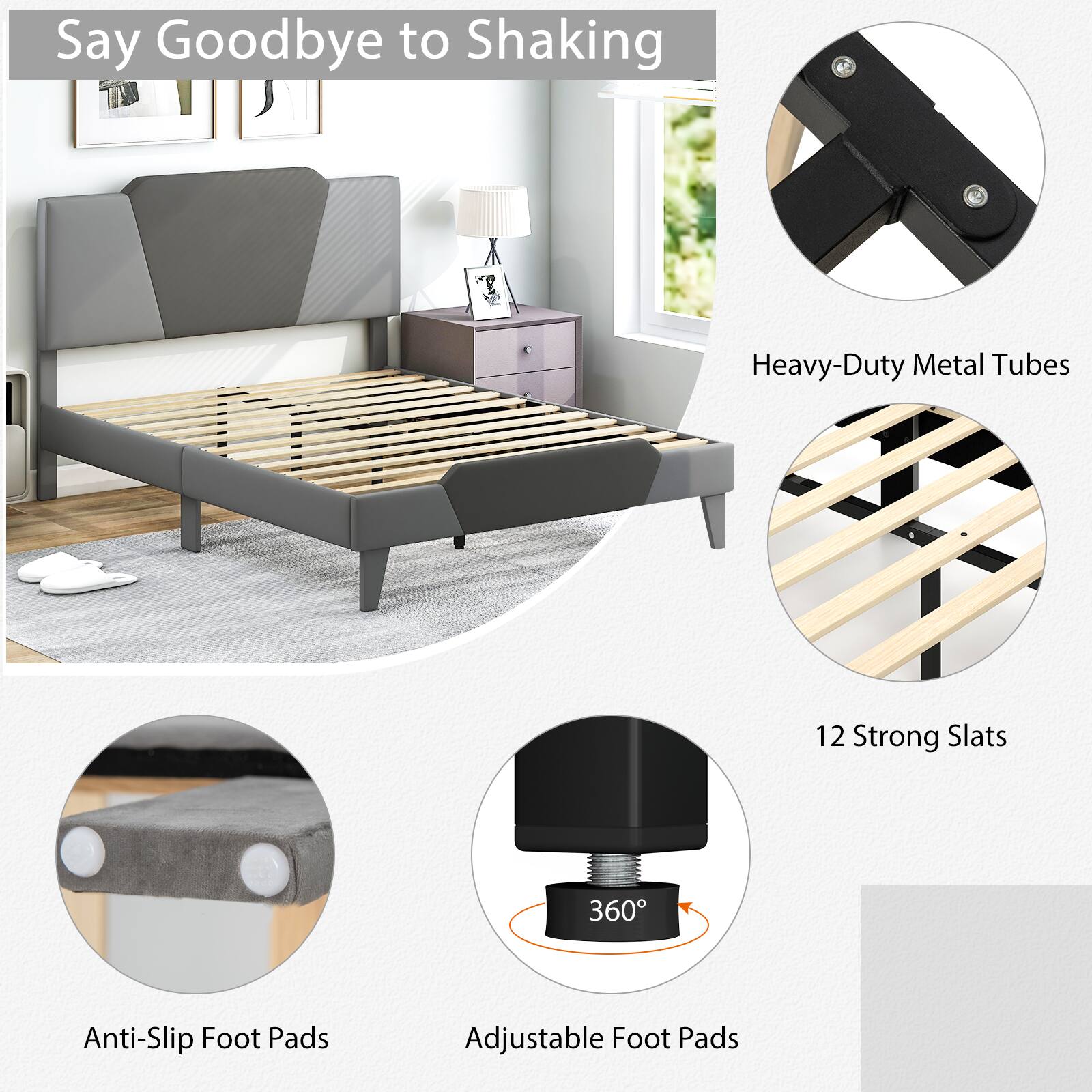 Say Goodbye to Shaking, Heavy-Duty Metal Tubes, 12 Strong Slats, Anti-Slip Foot Pads, Adjustable Foot Pads