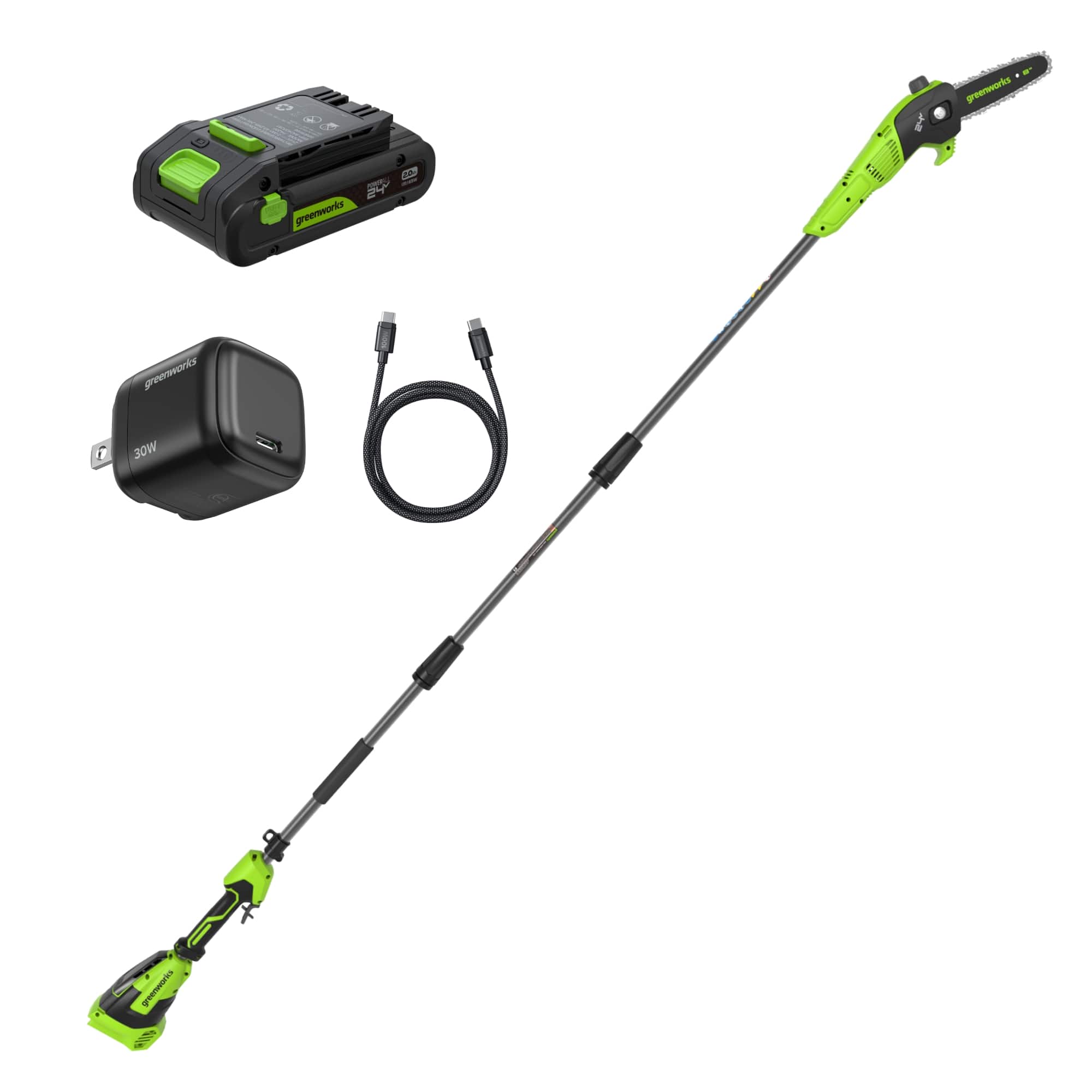 Greenworks - 24V Brushless 8" Pole Saw, with 2.0Ah Battery and 30W Typc-C Charger (3-FT)