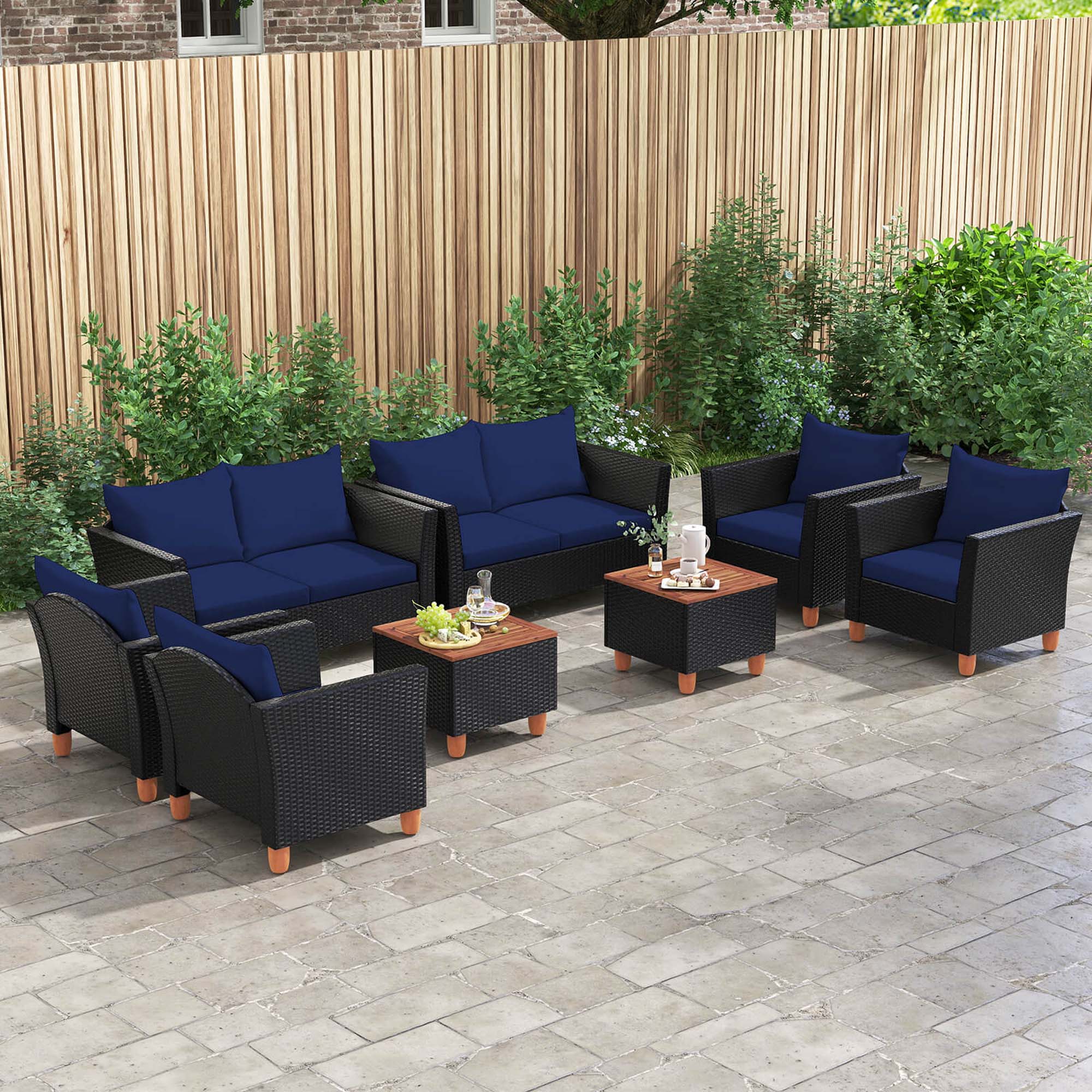 Alt View 4. Costway - 4 PCS Wicker Patio Furniture Set with Removable Cushions Storage Coffee Table - Navy,Black.