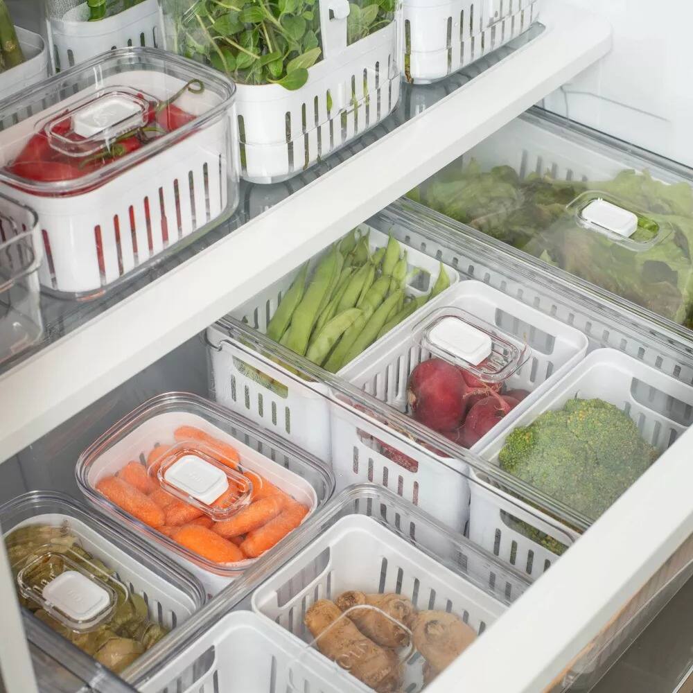 Alt View 5. OU - OU Fridge Organizer Bin with Drain Basket & Vented Lid, 5.3qt Clear Refrigerator Storage Bin - Clear.