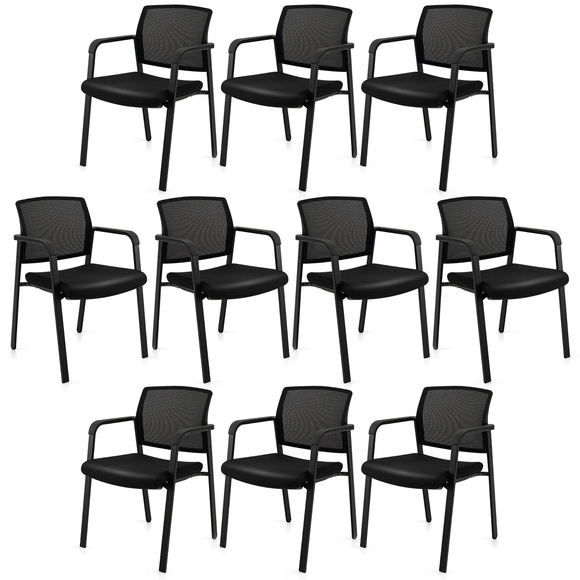 Gymax - 10-Pack Office Conference Chair Set Mesh Guest Reception Stack Chairs w/ Caster Wheels - Black