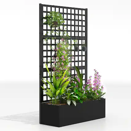 Front. Outsunny - Raised Garden Bed Planter Box with Trellis for Climbing Plants, Vegetable, Vines - Black.