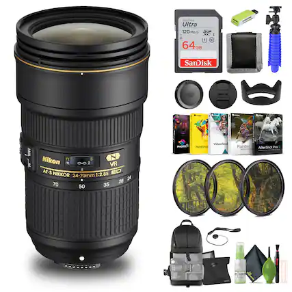 SanDisk Ultra 120 MB/s 64GB
Nikon AF-S NIKKOR 24-70mm 1:2.8E ED VR
VideoStudio Pro
PaintShop Pro
AfterShot Pro 3 Essentials
Nikon lens cap
Nikon lens hood
Camera backpack
Cleaning kit (spray, cloth, brush)
Tripod
Filters
Memory card reader
Camera strap