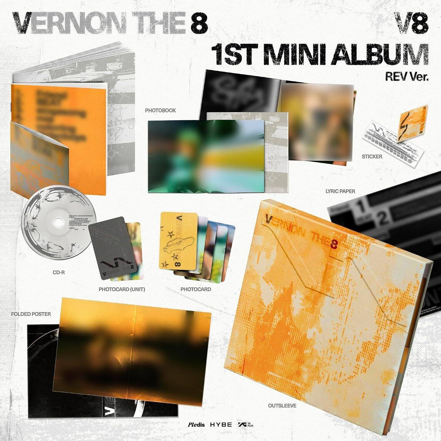 VERNON THE 8 V8 1ST MINI ALBUM REV Ver. PHOTOBOOK STICKER CD-R FOLDED POSTER B V PHOTOCARD (UNIT) < 8 PHOTOCARD LYRIC PAPER 1 V RNON THES 8 2 N OUTSLEEVE Pledis HYBE