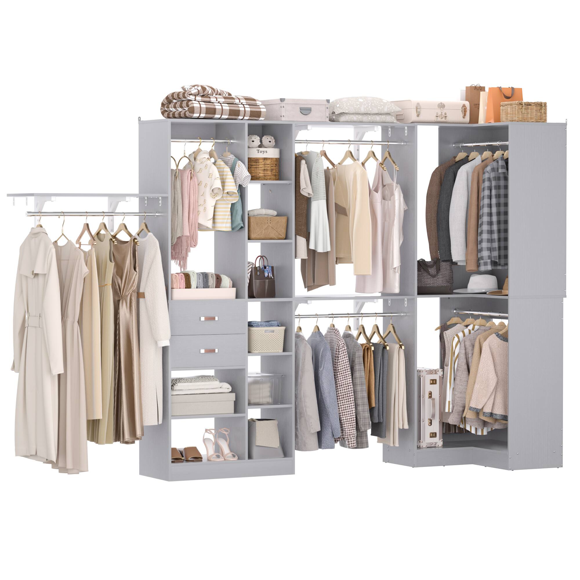 Angle. Aheaplus - 127.5'' Corner Closet Organizer System Set of 2 with Drawers, Hanging Rod and Adjustable Shelves, Reversible - Gray.